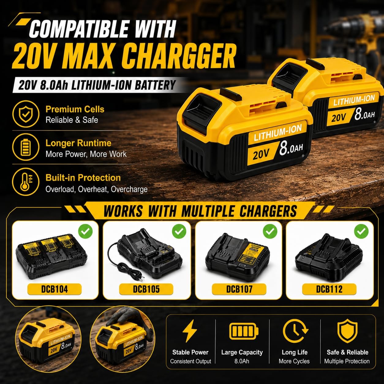 Amsiceol 8.0Ah 2-Pack Replacement Battery For Dewalt 20V Max Tools 20 Volt