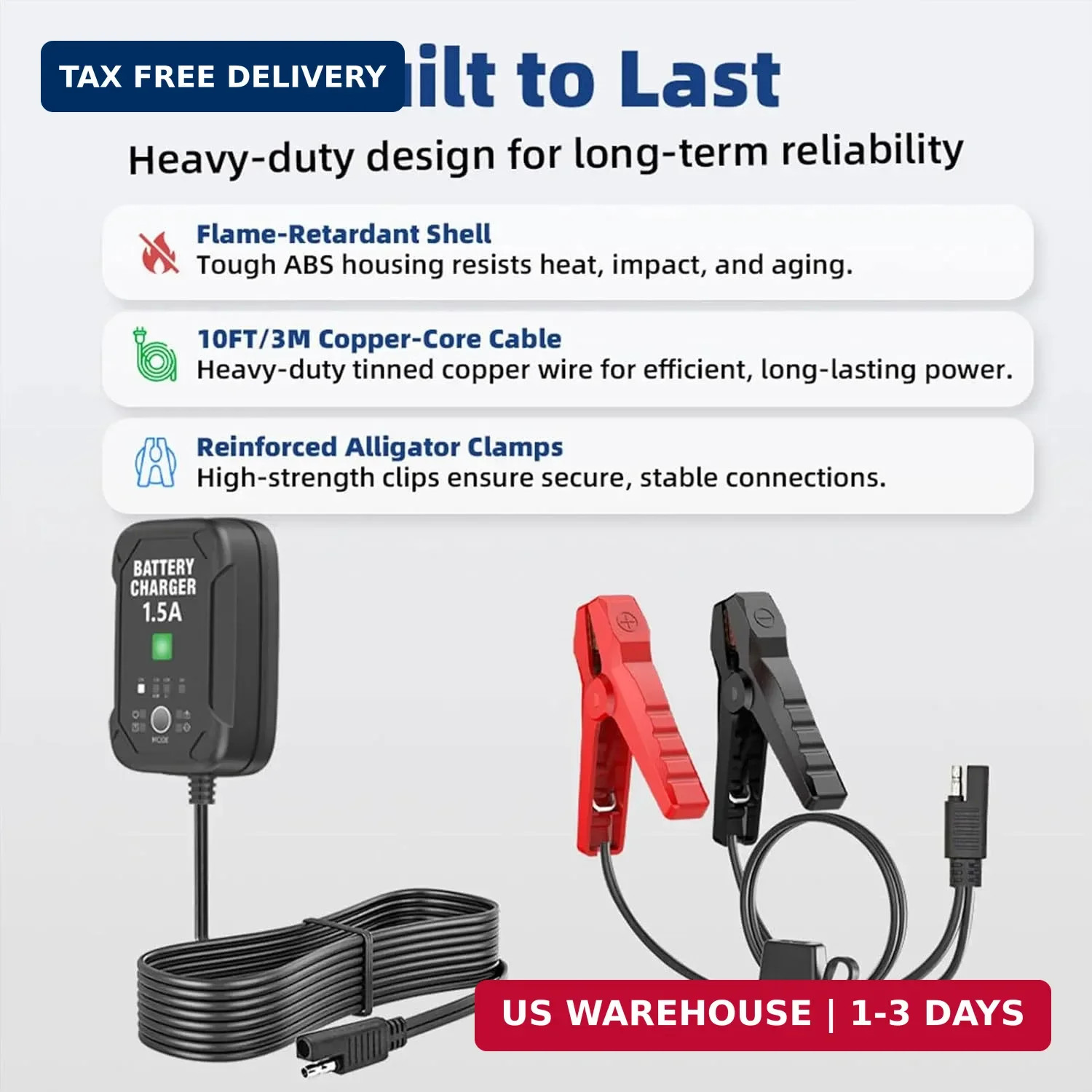 1.5A 6V/12V Car Battery Charger – Automatic Trickle Charger, Battery Maintainer