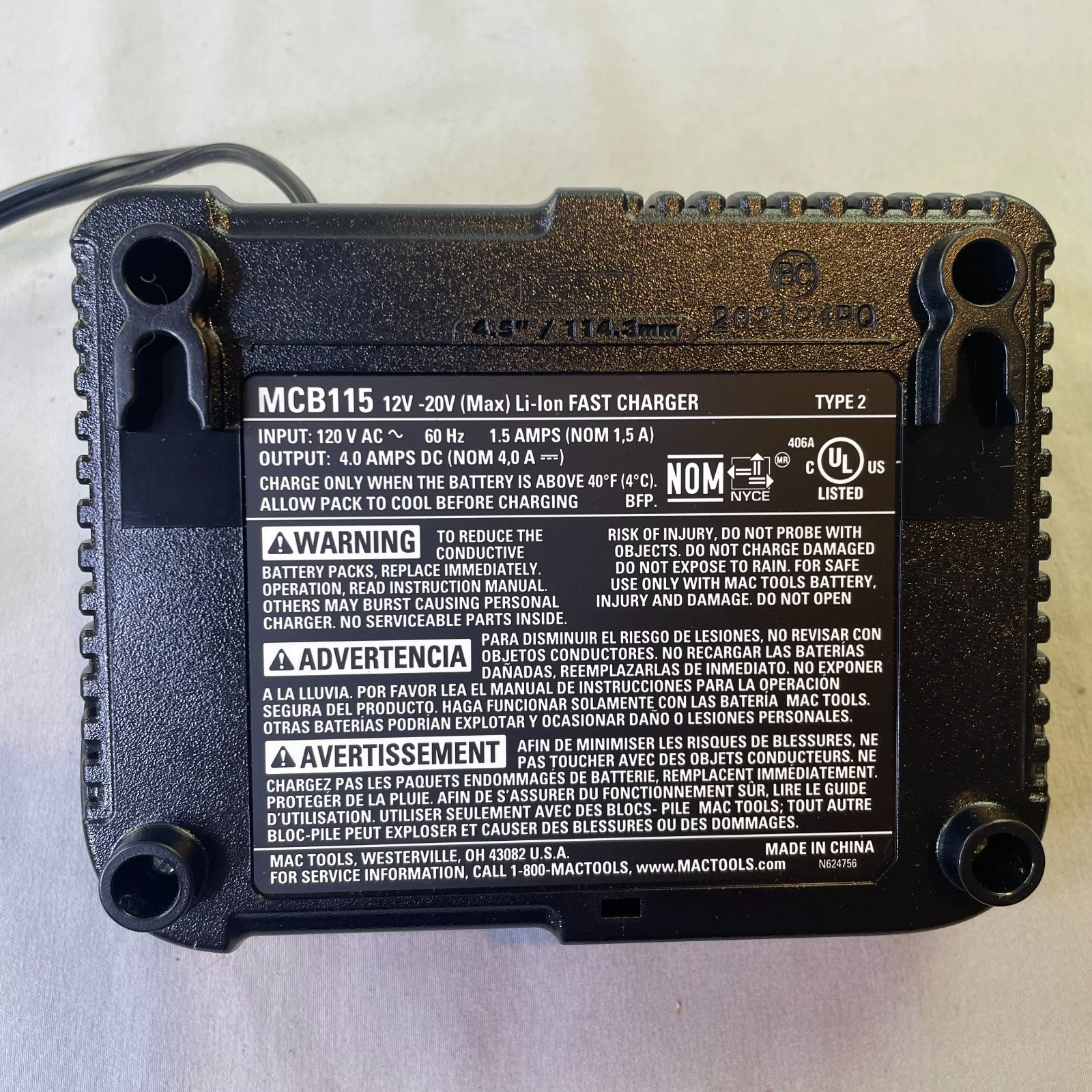 New In Box MAC Tools MCB115 12V/20V Max Lithium-Ion Battery Fast Charger