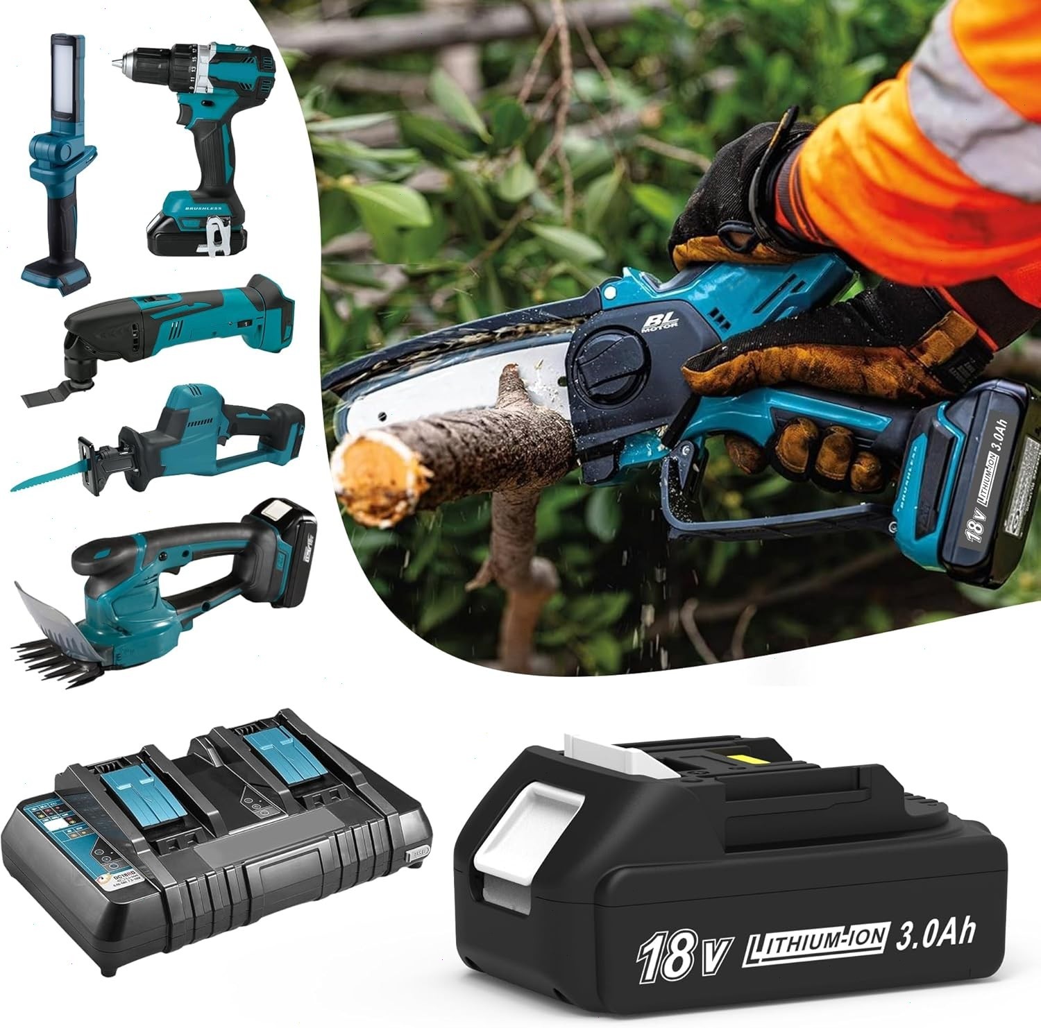 DC18SF 14.4v-18v Multi 4-Ports Fast Charger for Makita and 8.0Ah Battery BL1860B