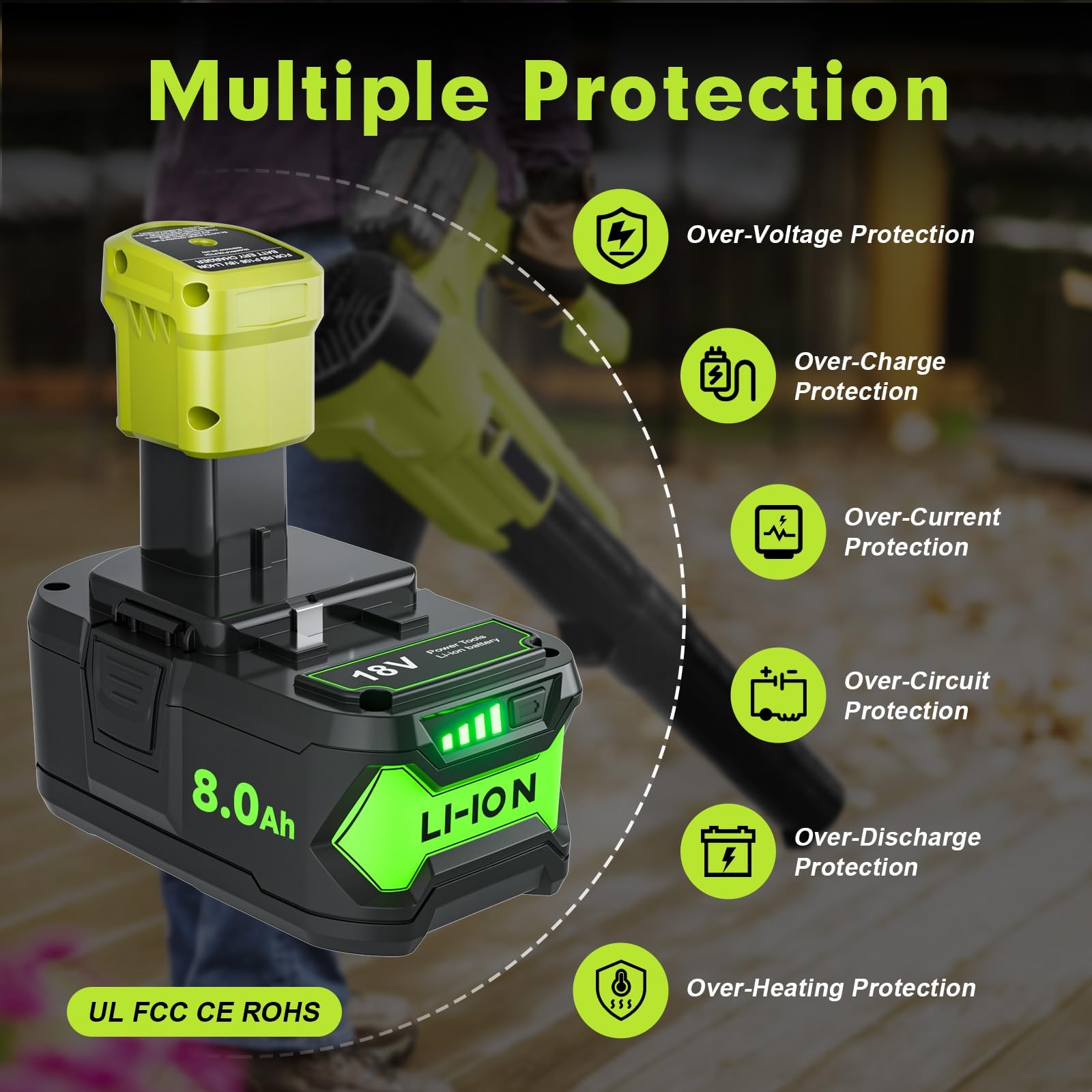 2Pack 8.0Ah P108 Repacement for Ryobi 18 Volt Battery and Charger Green-1 8.0