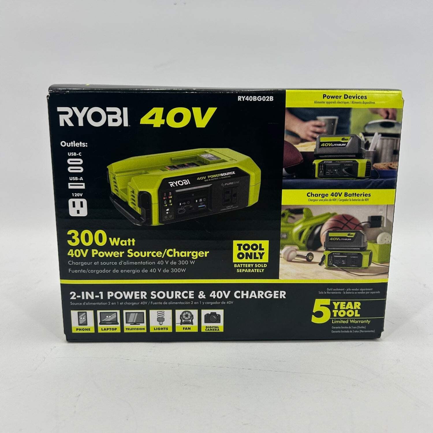 New Ryobi RY40BG02B 40V Power Source / Charger