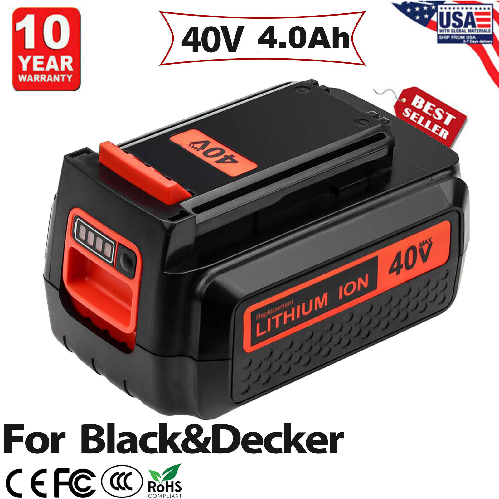 40V 4.0Ah LBX2040 for Black and Decker 40 Volt Lithium Battery LBXR36 LBX1540 US