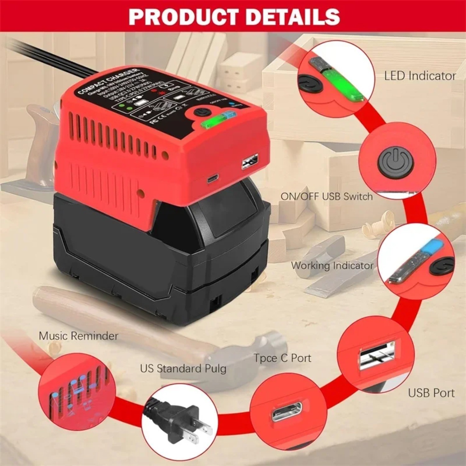 Portable Fast Charger for Milwaukee 18V with USB Type -C Output 110V 3A Travel