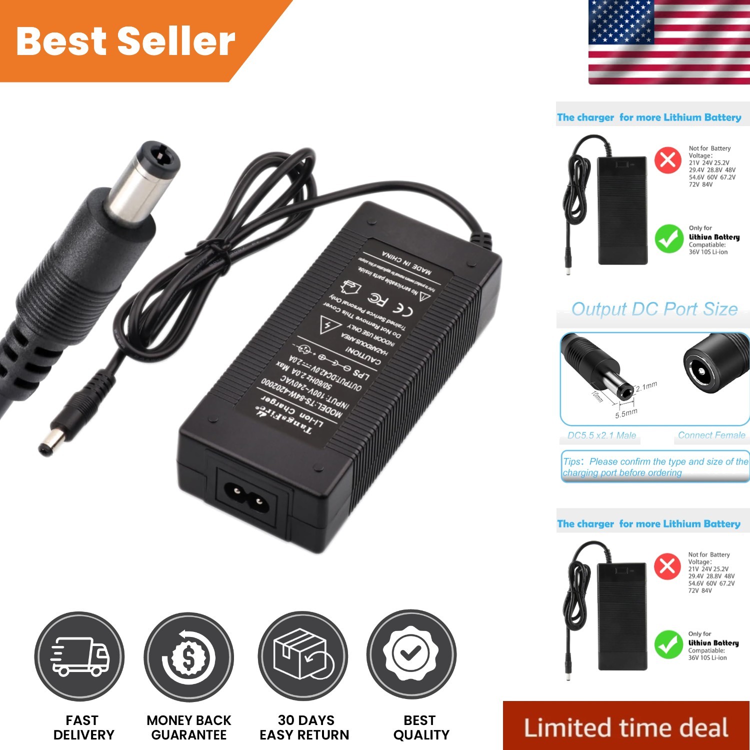 Lightweight 42V DC Charger – Fast 2A Charging for Multi-Device Lithium Batteries