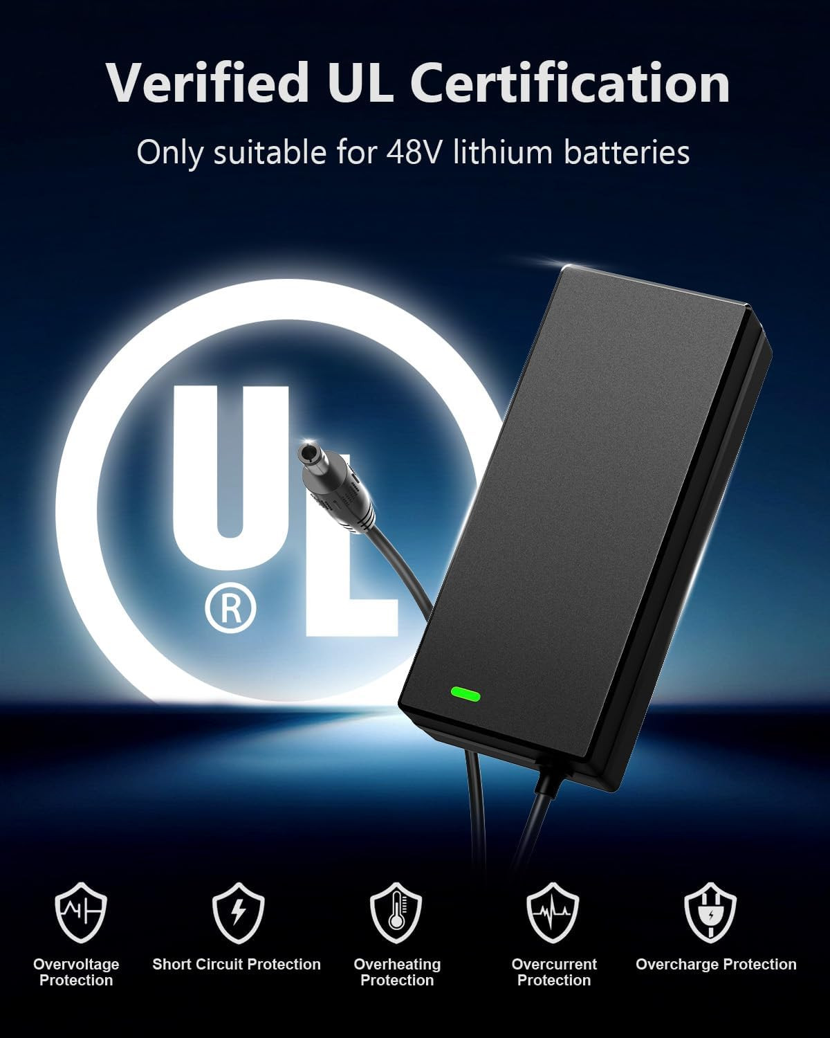 48V Lithium Battery Charger – UL Certified 54.6V 2A Fast Charger for Electric Bi
