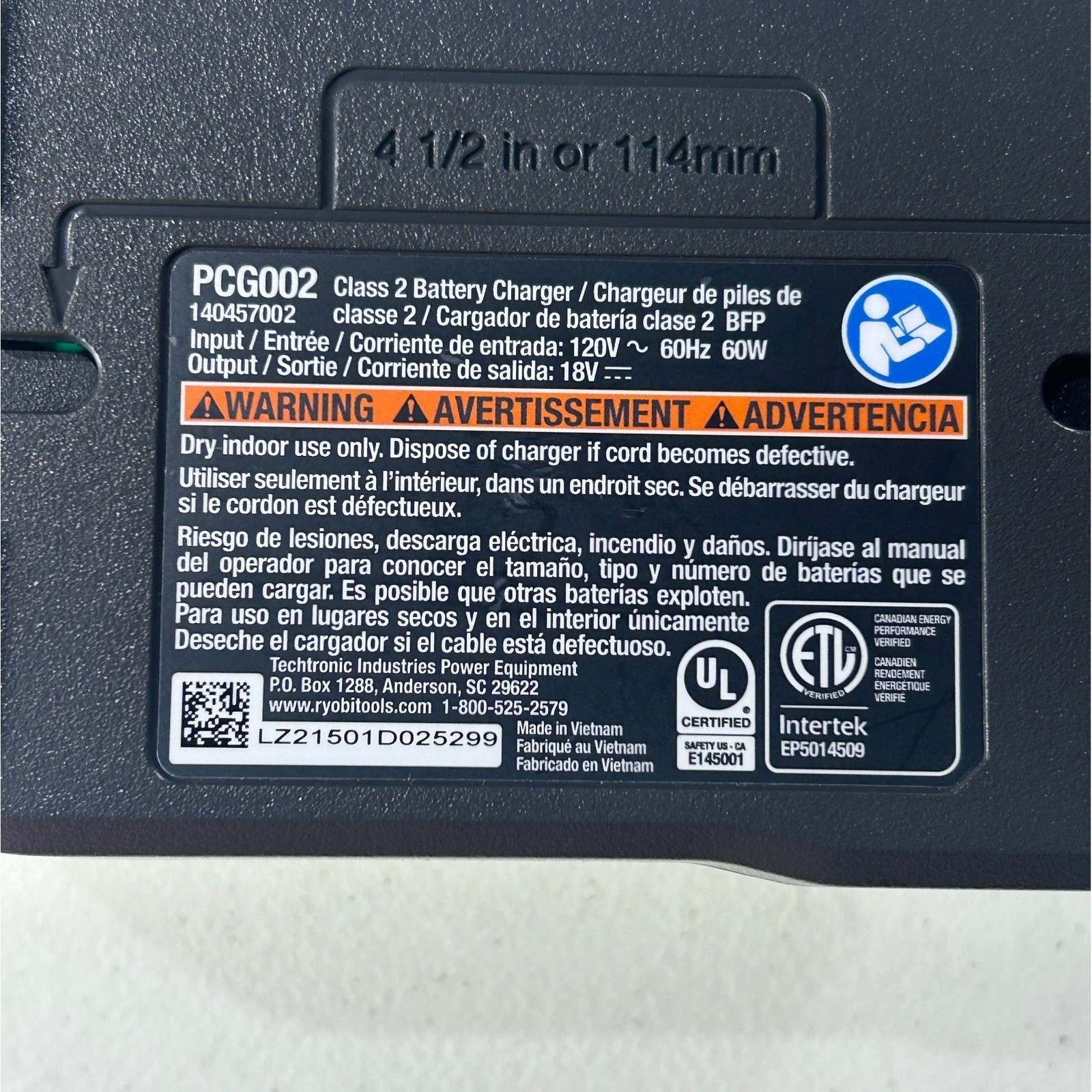 Ryobi PCG002 ONE+ 18V Lithium-Ion Battery Charger Hyper Green Class 2 BFP