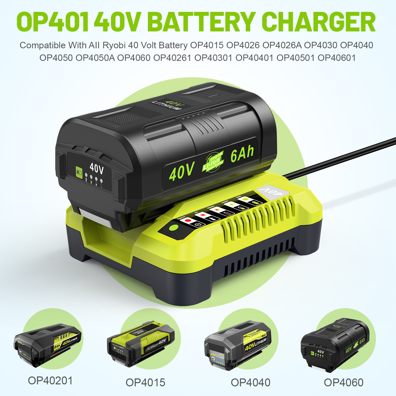 OP401 Fast Charger For Ryobi 40V OP408VNM Lithium Battery OP406VNM OP40602 LED