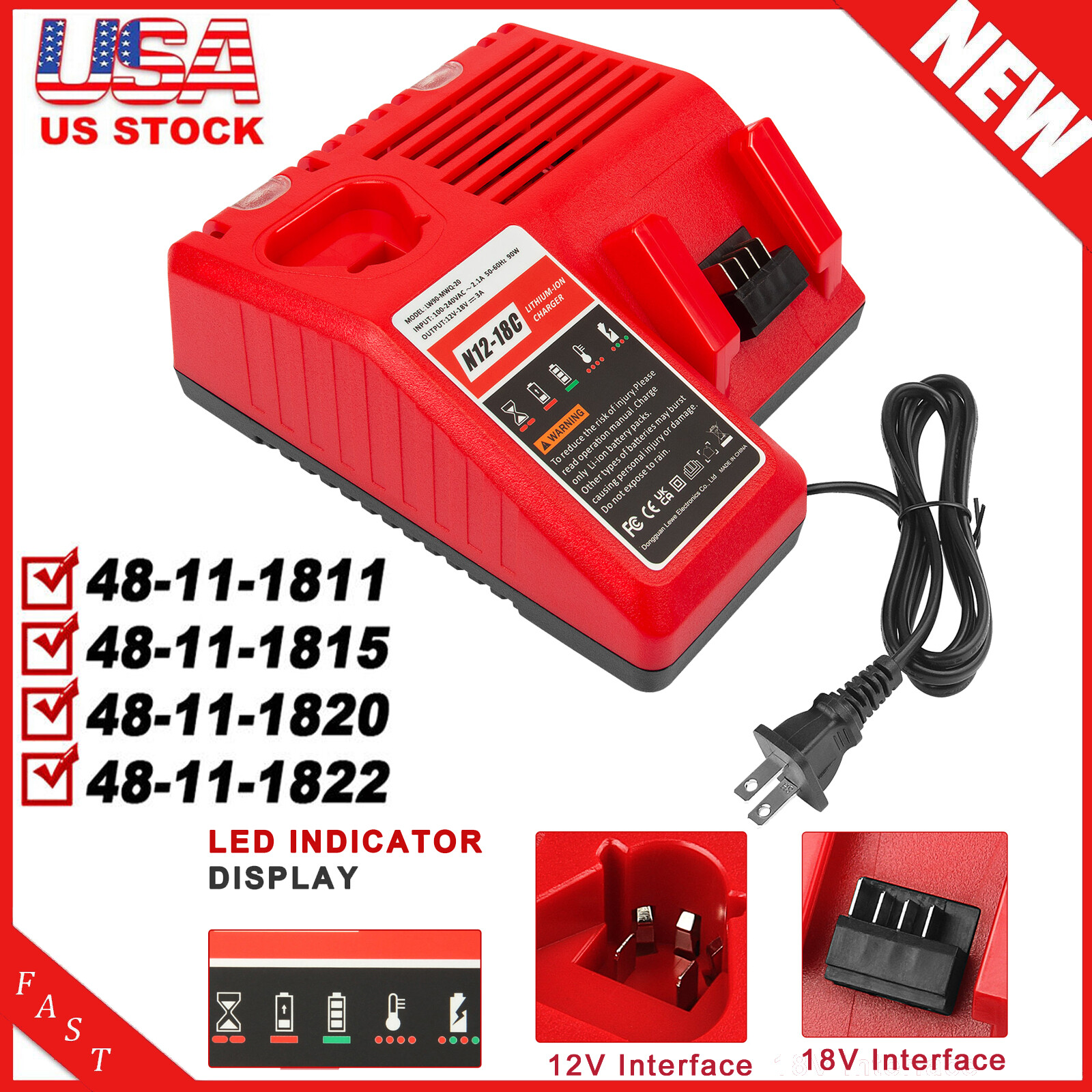 Battery Charger For Milwaukee 48-59-1812 For M12 For M18 18V 12V Dual Voltage