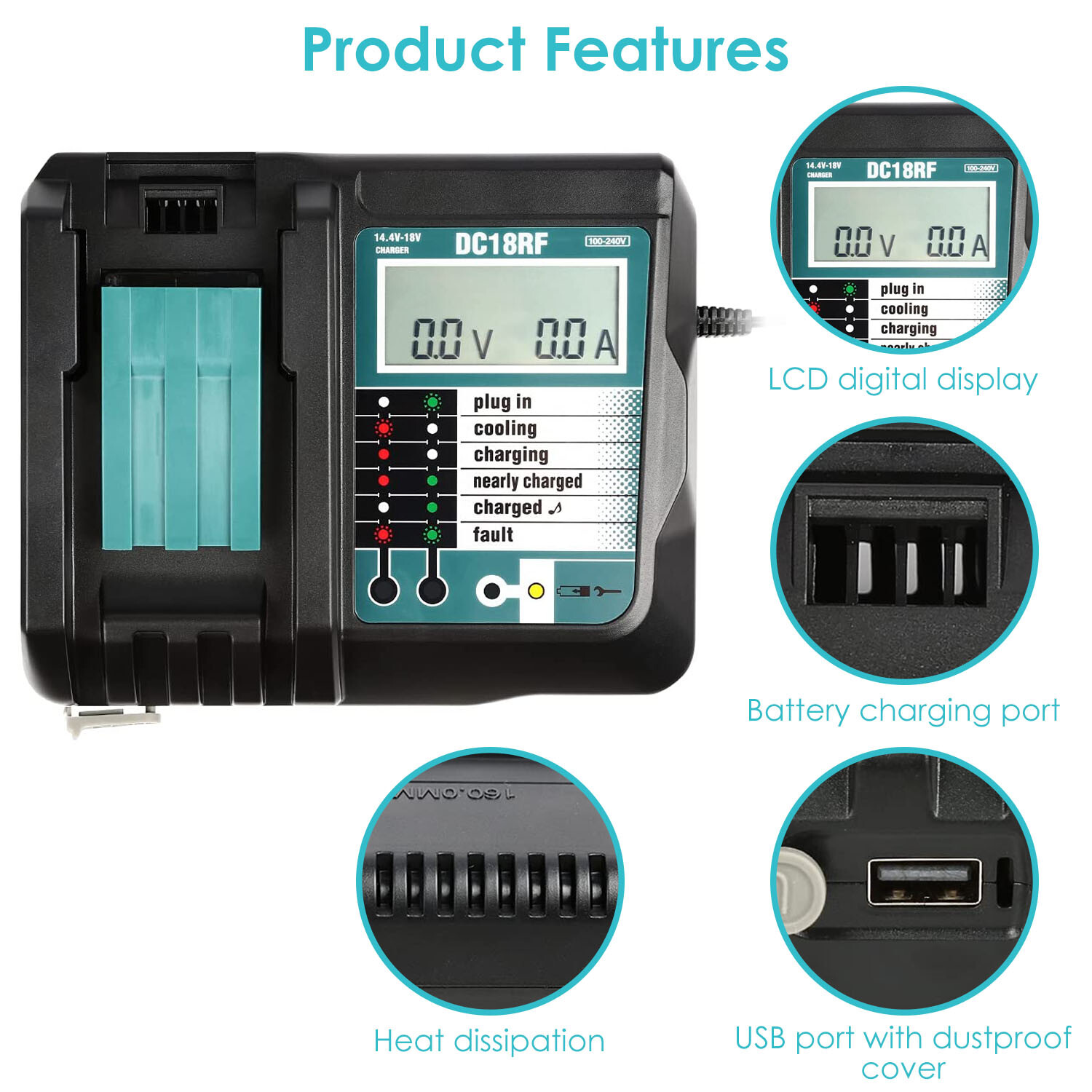 Fast Charger For Ma-14.4V/18V Battery,3.5A with USB Interface Charging