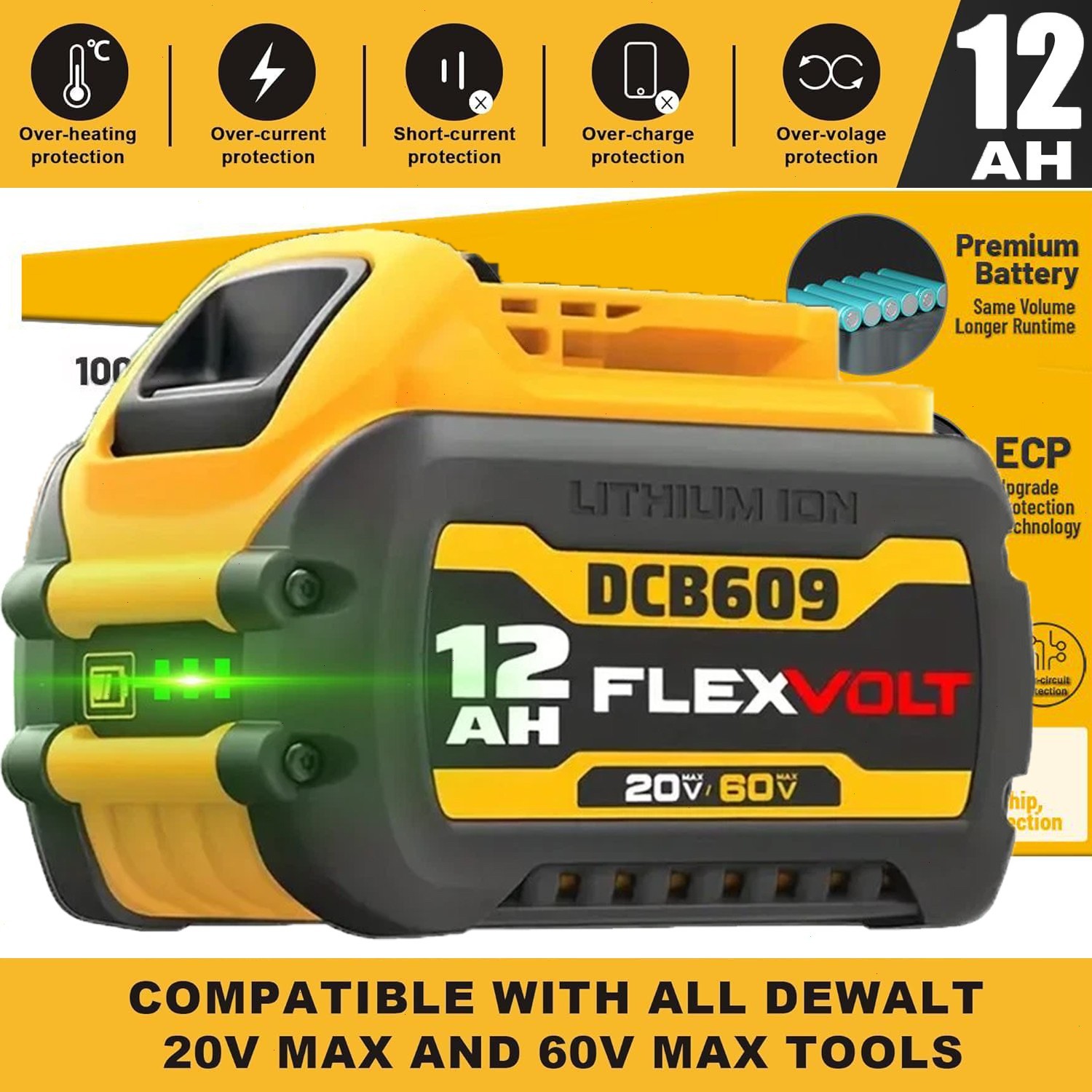 2Pack 12.0Ah for Dewalt FLEXVOLT 20V/60V MAX Battery and Charger DCB609 DCB606-2