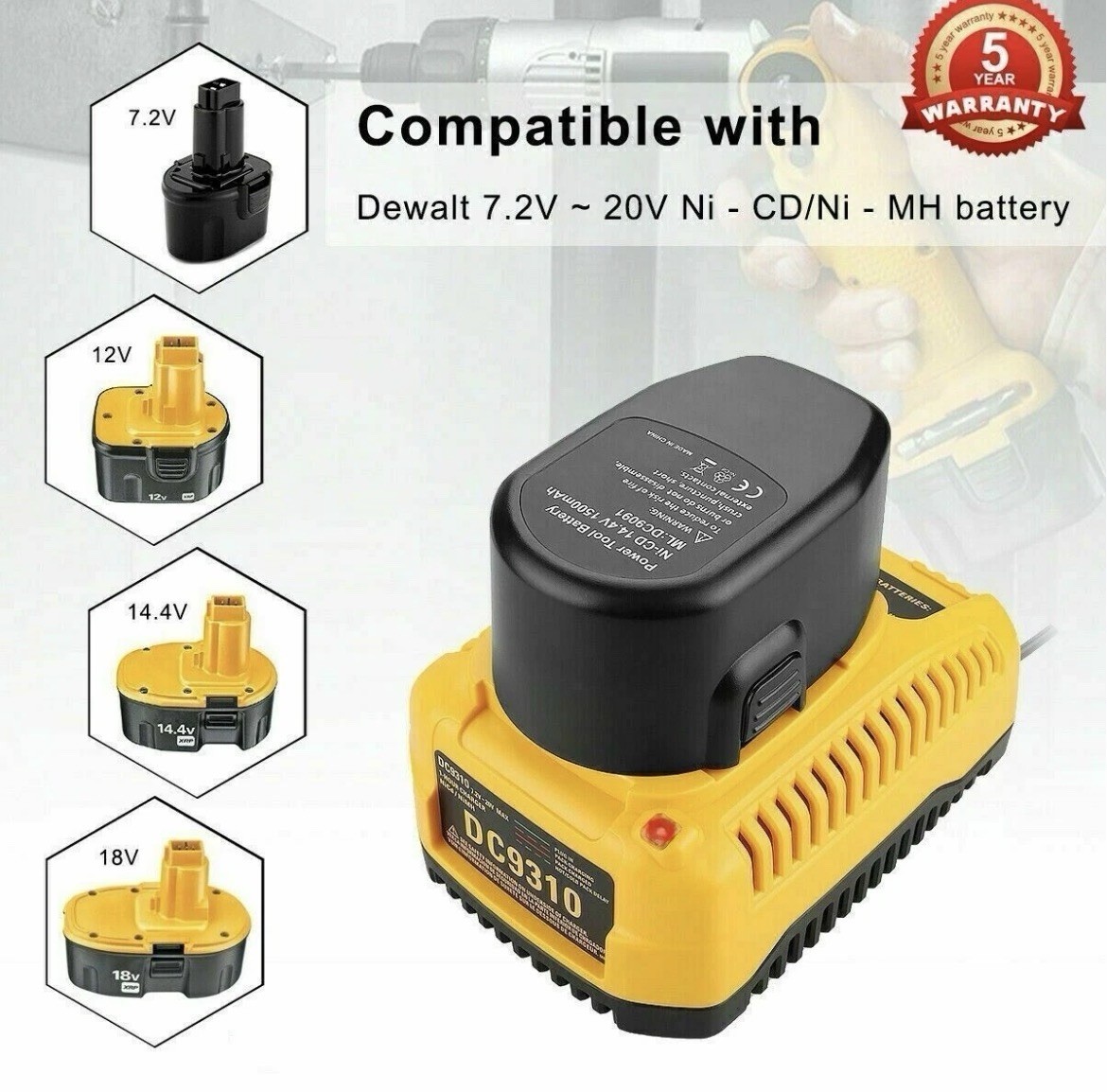 18V Battery Charger Replace DEWALT DC9310 7.2V-18V NiCd NiMh Battery DC9096