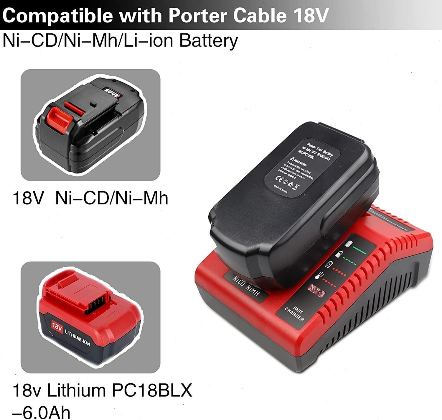 2PACK For Porter Cable PC18B 18Volt NiCd PC186CS Battery /Charger PCC489N PC188