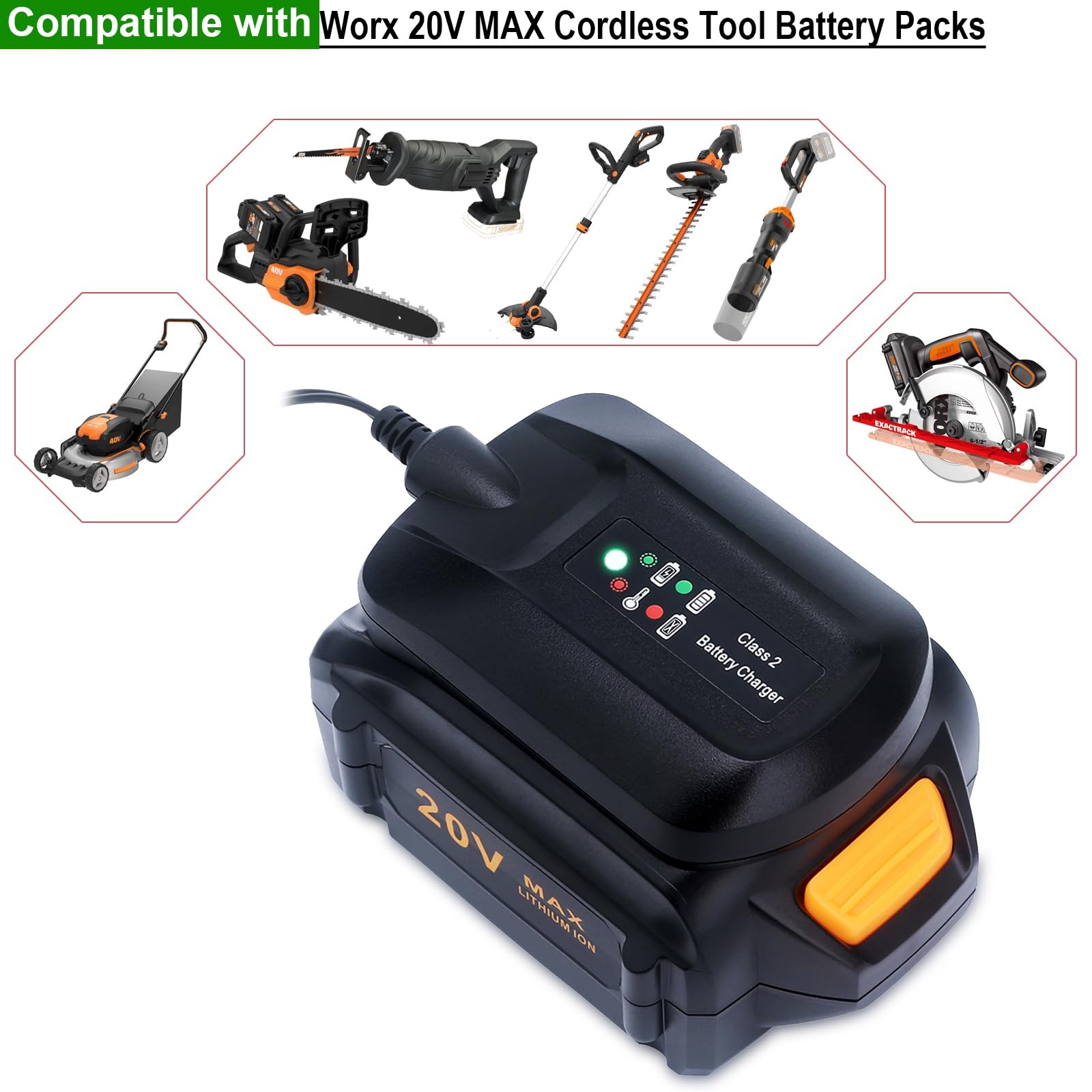 Compatible with Worx 20V Lithium Battery Charger, WA3742 Charger Compatible with