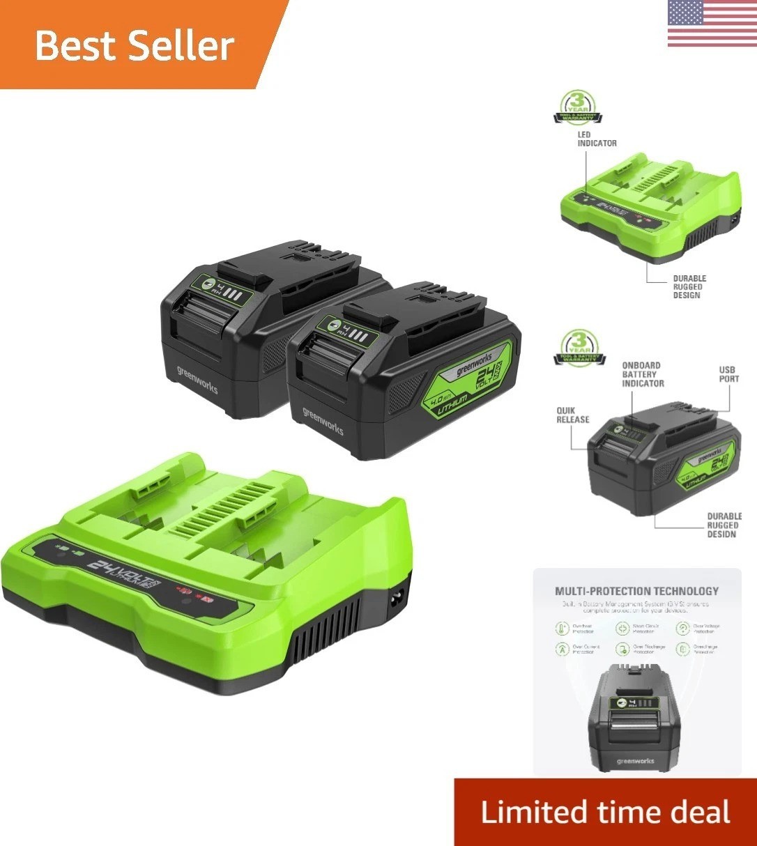 Ultimate 24V 4Ah USB Battery Kit & Rapid Charger – Fade-Free Power Efficiency