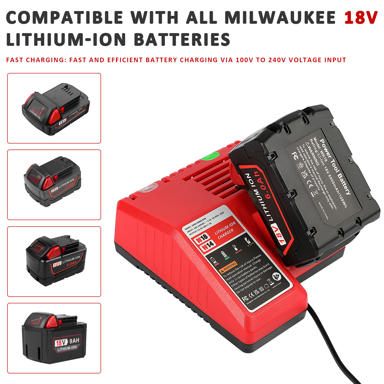 For Milwaukee for M18 18V Battery Charger 48-59-1812 Lithium 1860 48-11-1860 USA