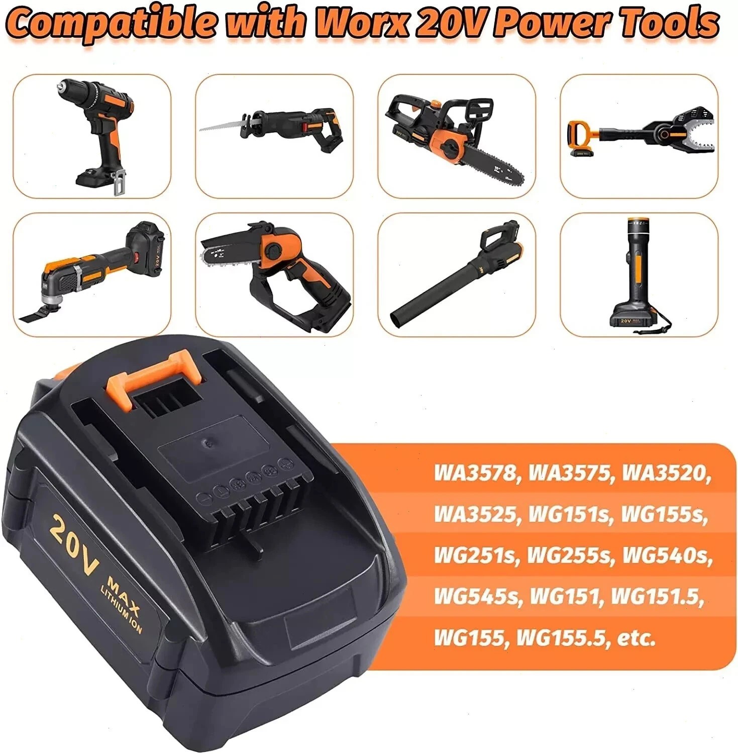 2PACK 8.0Ah For WORX 20V MAX Extend Lithium-Ion Battery WA3525 WA3575 WA3520 4AH