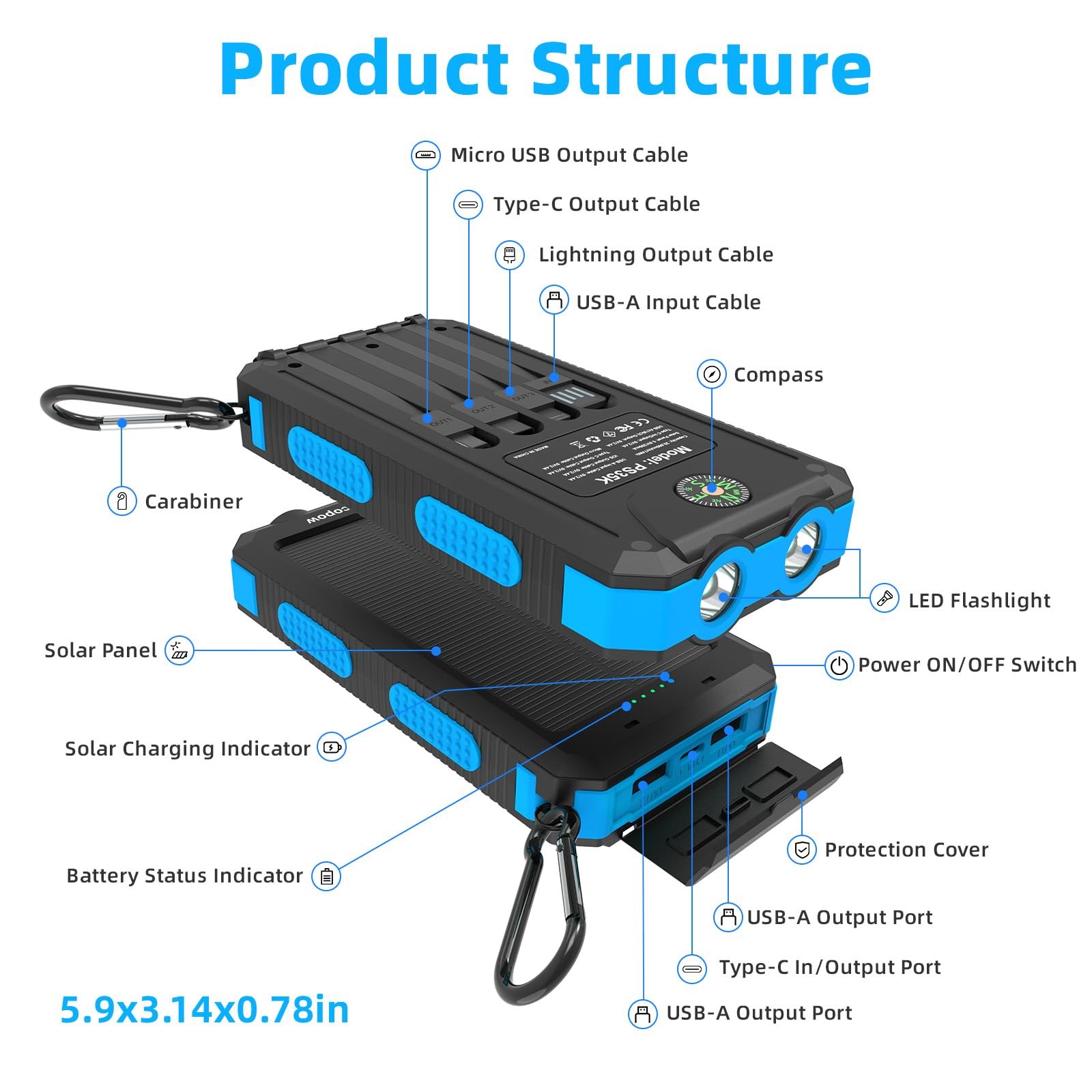 Durecopow 20000mAh Solar Power Bank, Portable Charger, 4 Cables & 3 USB Ports