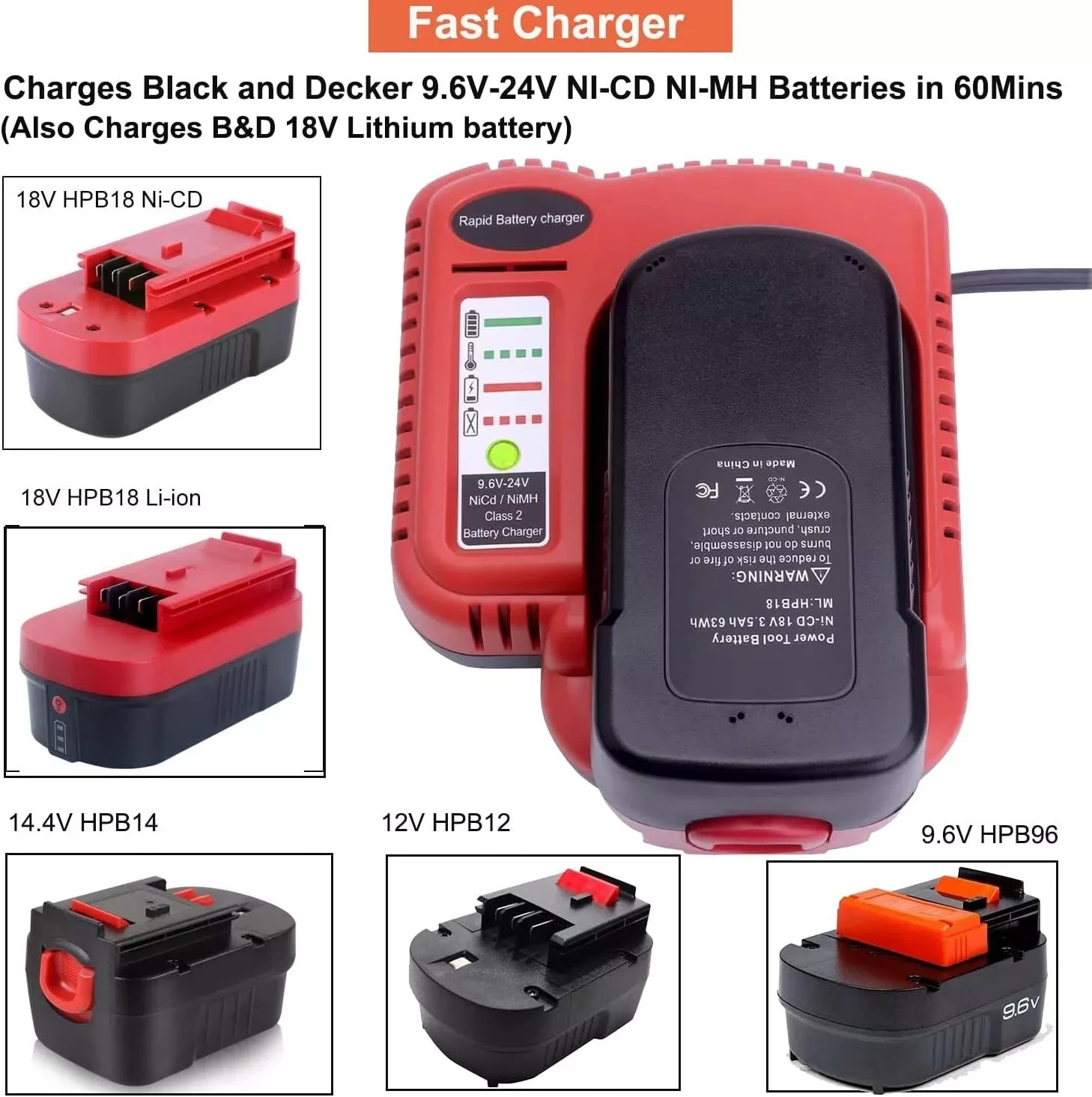 9.6V-24V Fast Battery Charger for Black Decker HPB18 HPB18-OPE NiCd NiMh battery