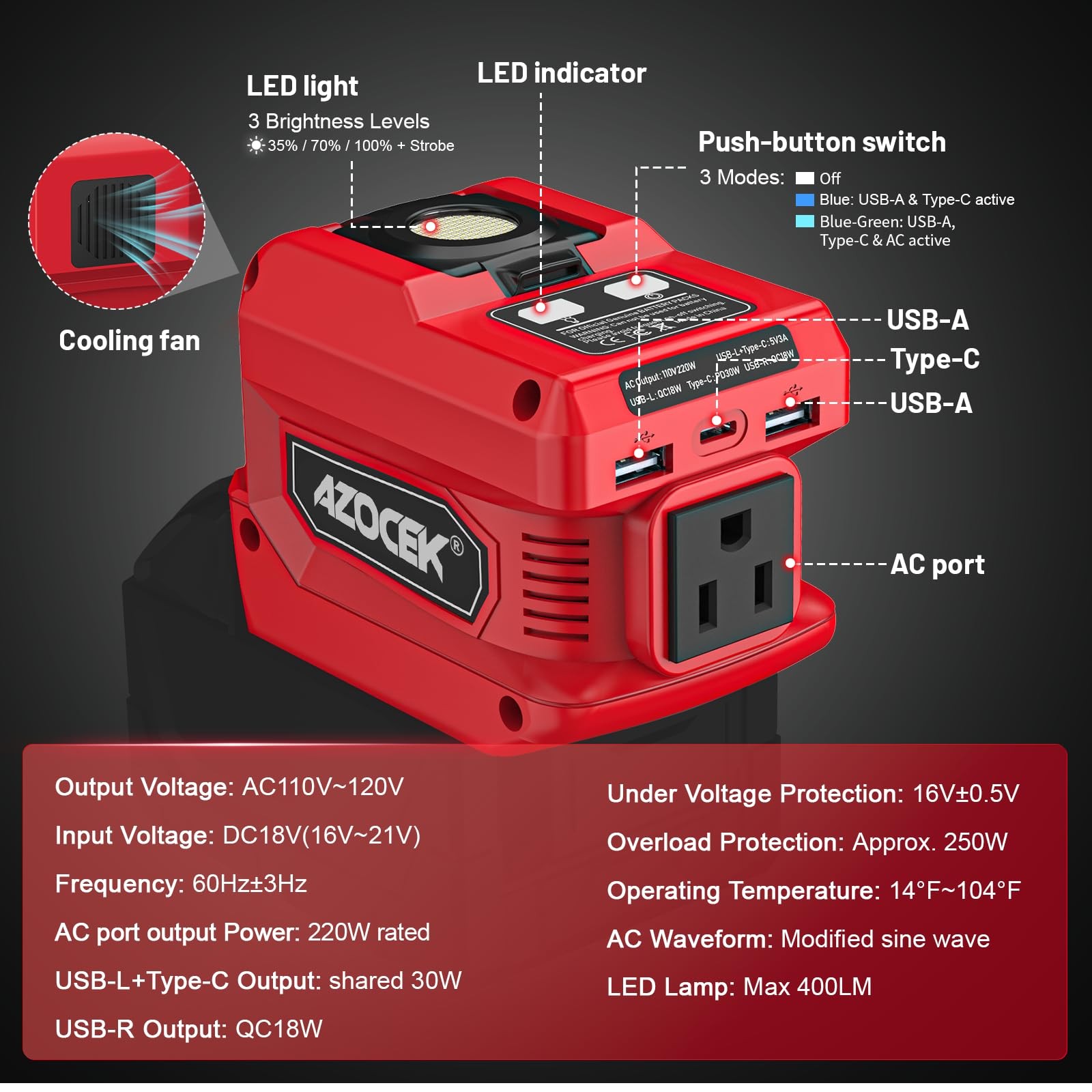 220W Azocek Power Inverter Compatible Milwaukee 18V Battery Dc 18V To Ac 110V