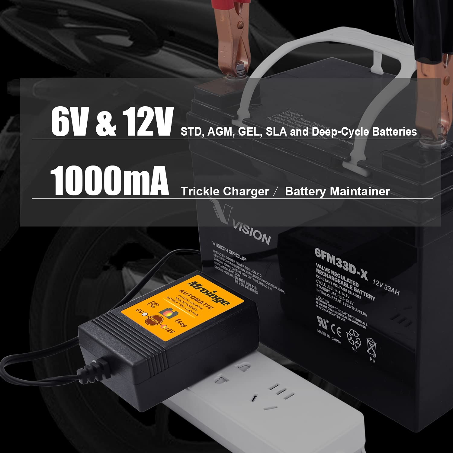 Smart Battery Charger, Mroinge 6V / 12V 1A Fully Automatic Trickle Battery Charg