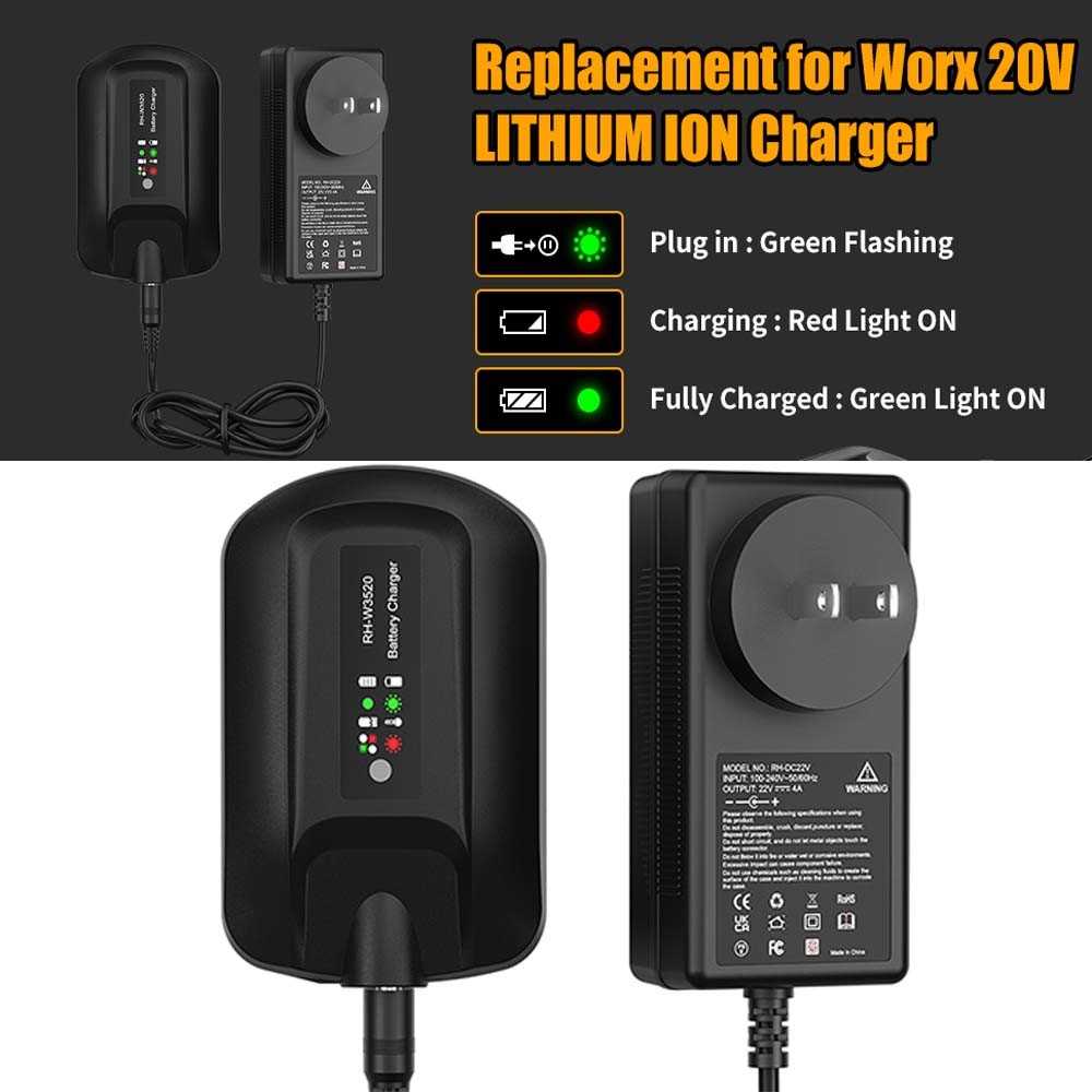 For WORX 20V MAX Extend Lithium Battery Charger 20Volt WA3520 WA3525 WA3575
