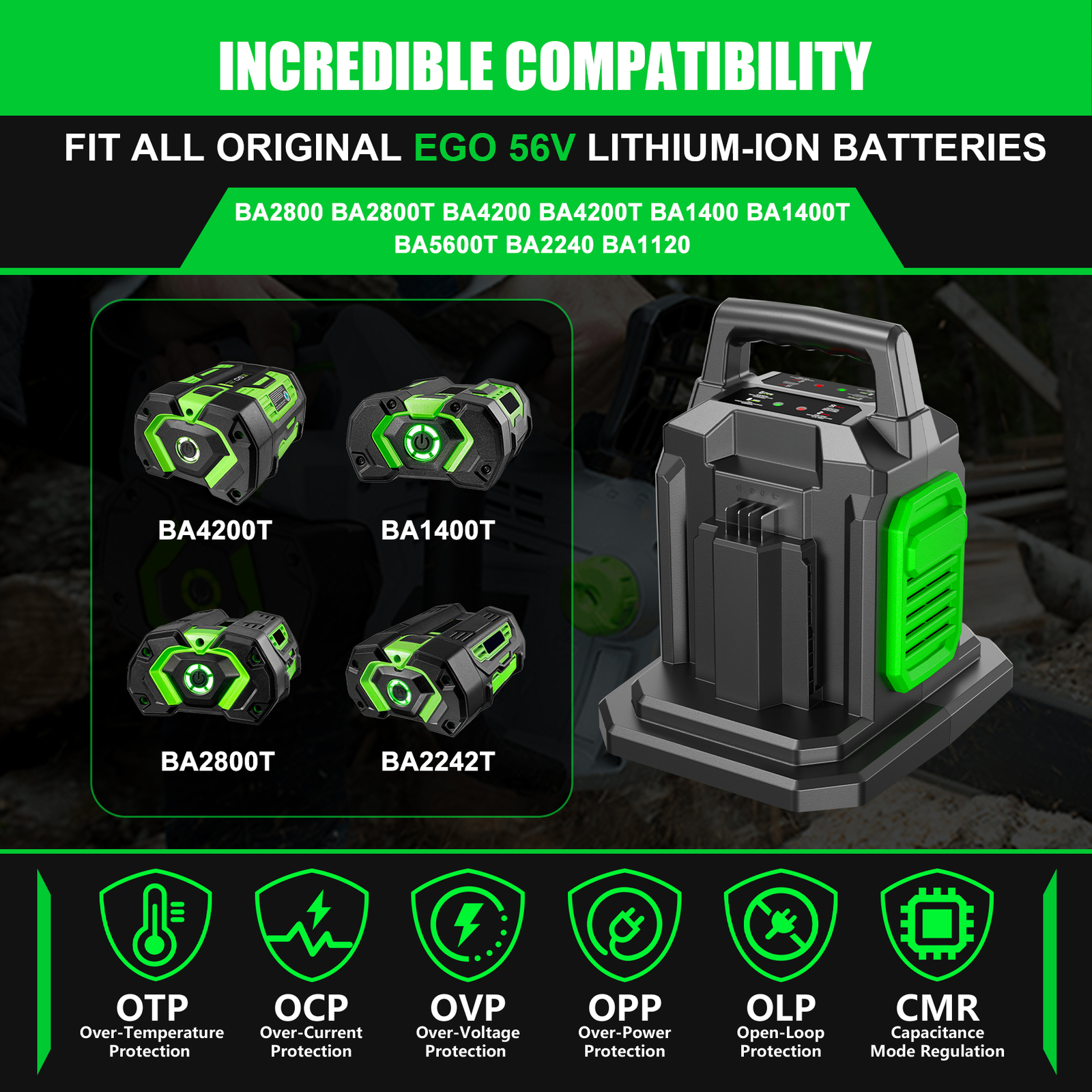 CH2800D Dual Port Fast Charger for EGO Power+ 56V Battery BA2800T BA4200T BA1400