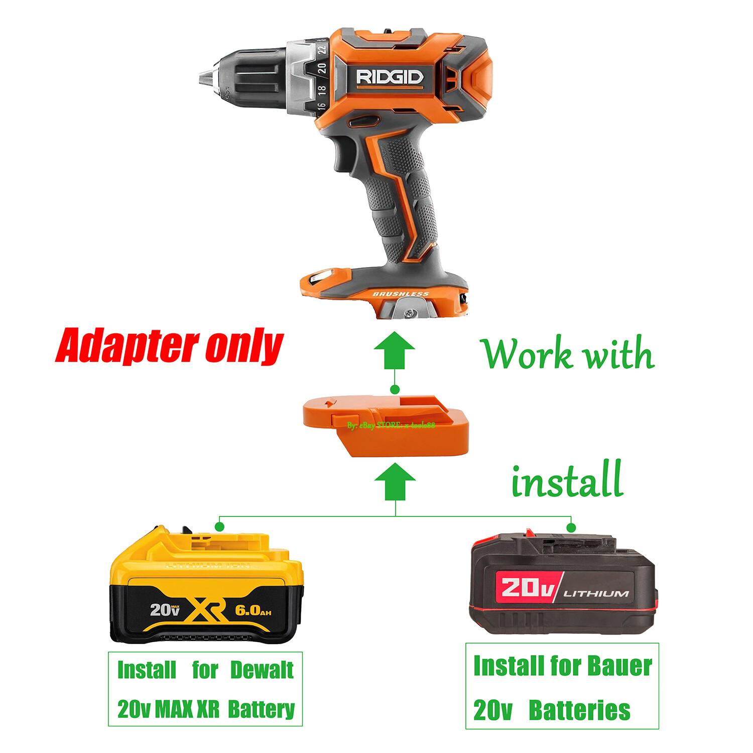 1x Adapter for Ridgid 18v Tools To Bauer 20v or DeWalt 20v MAX XR Li-Ion Battery