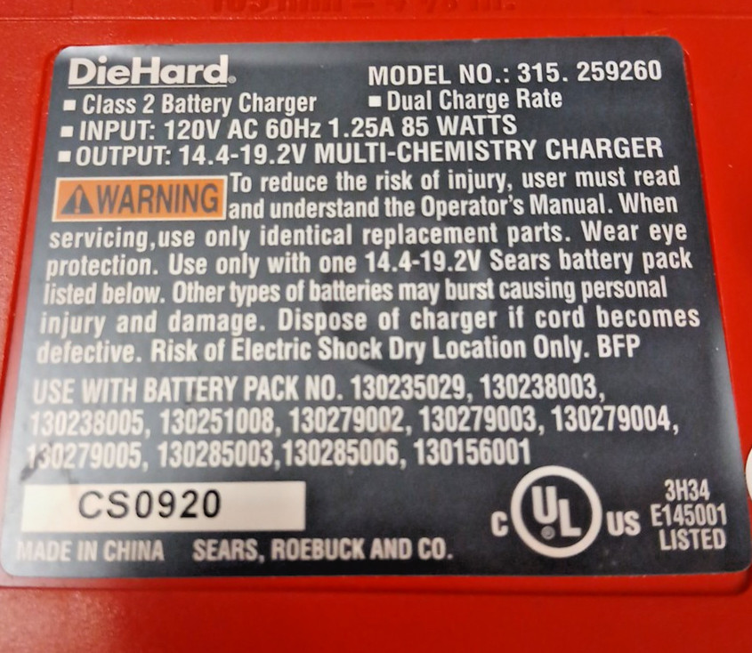 DieHard 45 Minute Quick Charger 14.4 Volt -19.2 Volt Li-Ion & Ni-Cad 315 259260