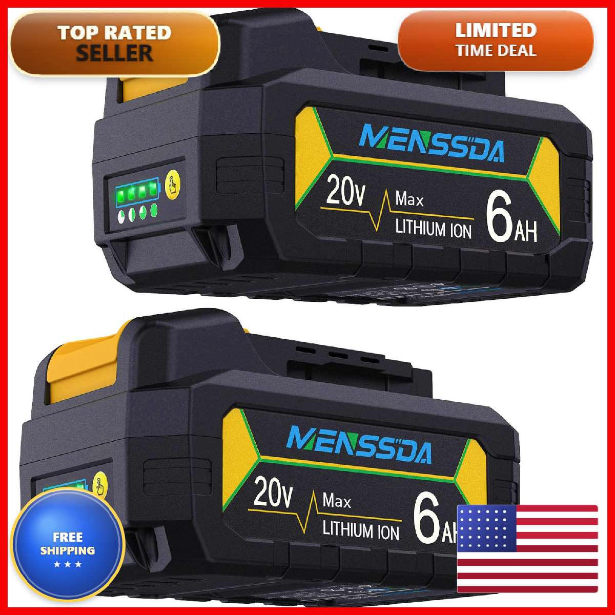 Menssda 2Pack True 6Ah Capacity Replacement Battery Compatible Dewalt 20V Max