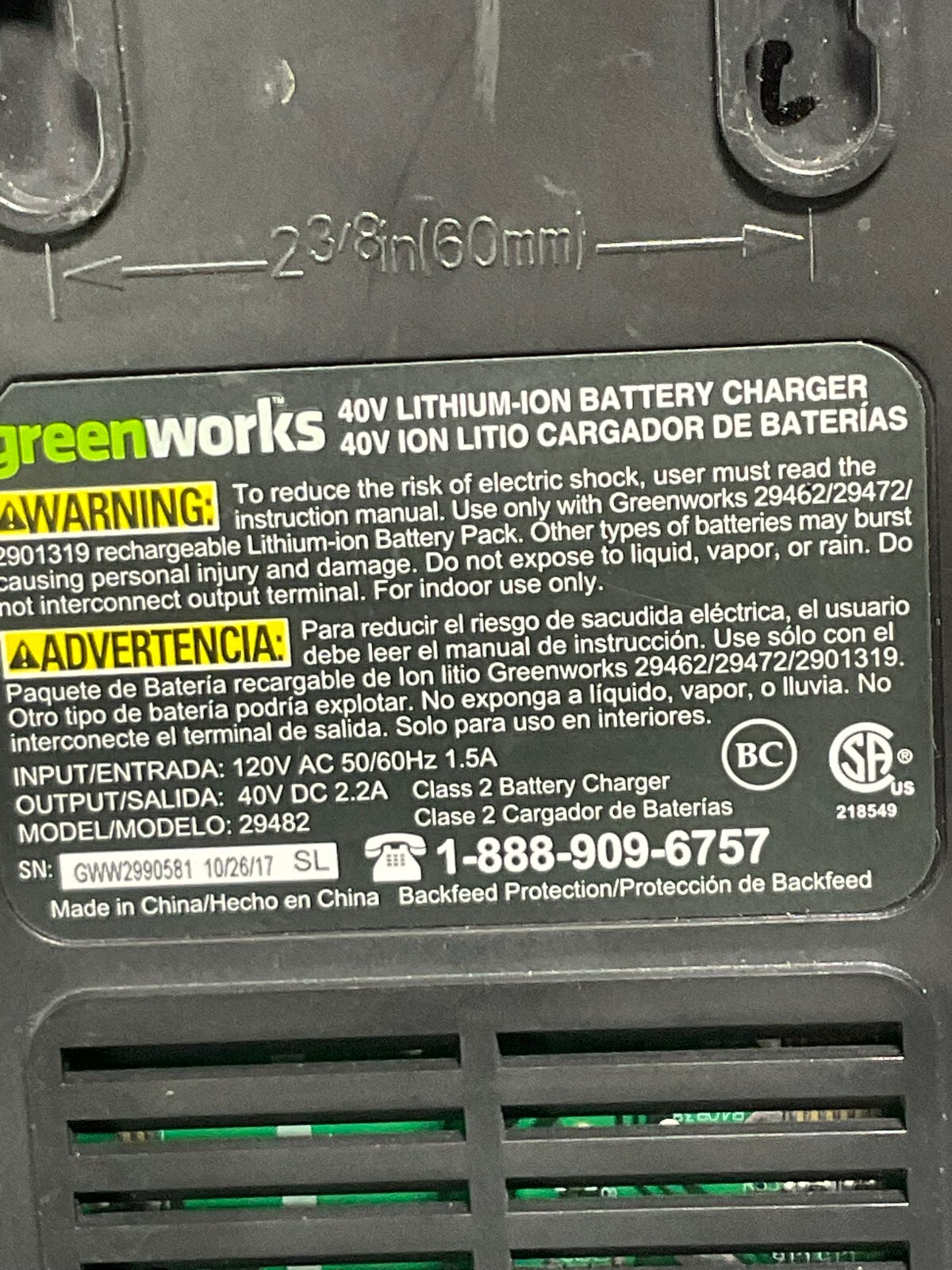 GreenWorks 29482 40V Lithium Battery Charger 120V AC Used