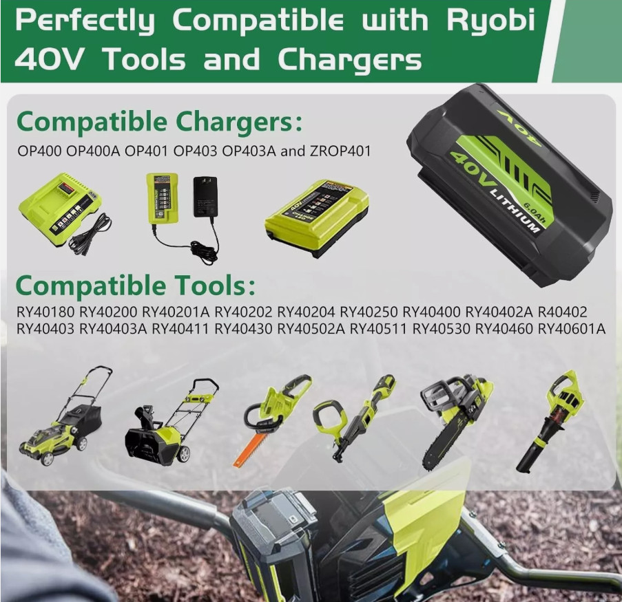 1/2X Battery/Charger For Ryobi 40V With LED Lithium-Ion 40-Volt OP406VNM OP40602