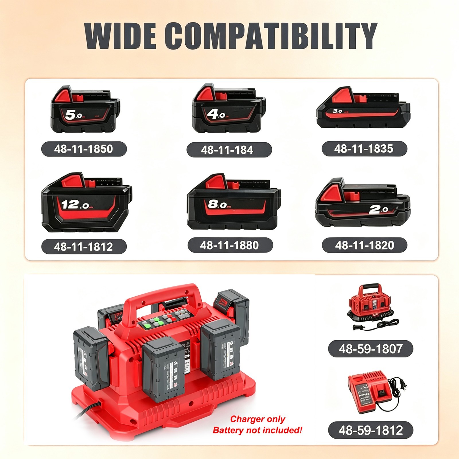 6-Port Sequential Charging Station Compatible with Milwaukee 18V 48-59-1806