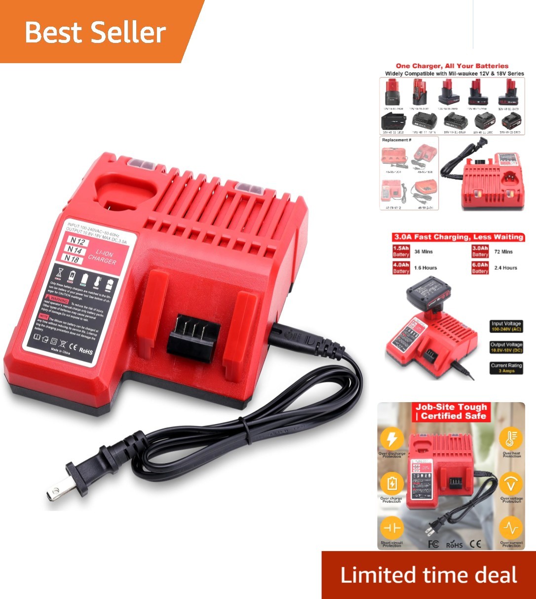 18V & 12V Lithium-Ion Charger for Milwaukee Tools – Certified Safety Features