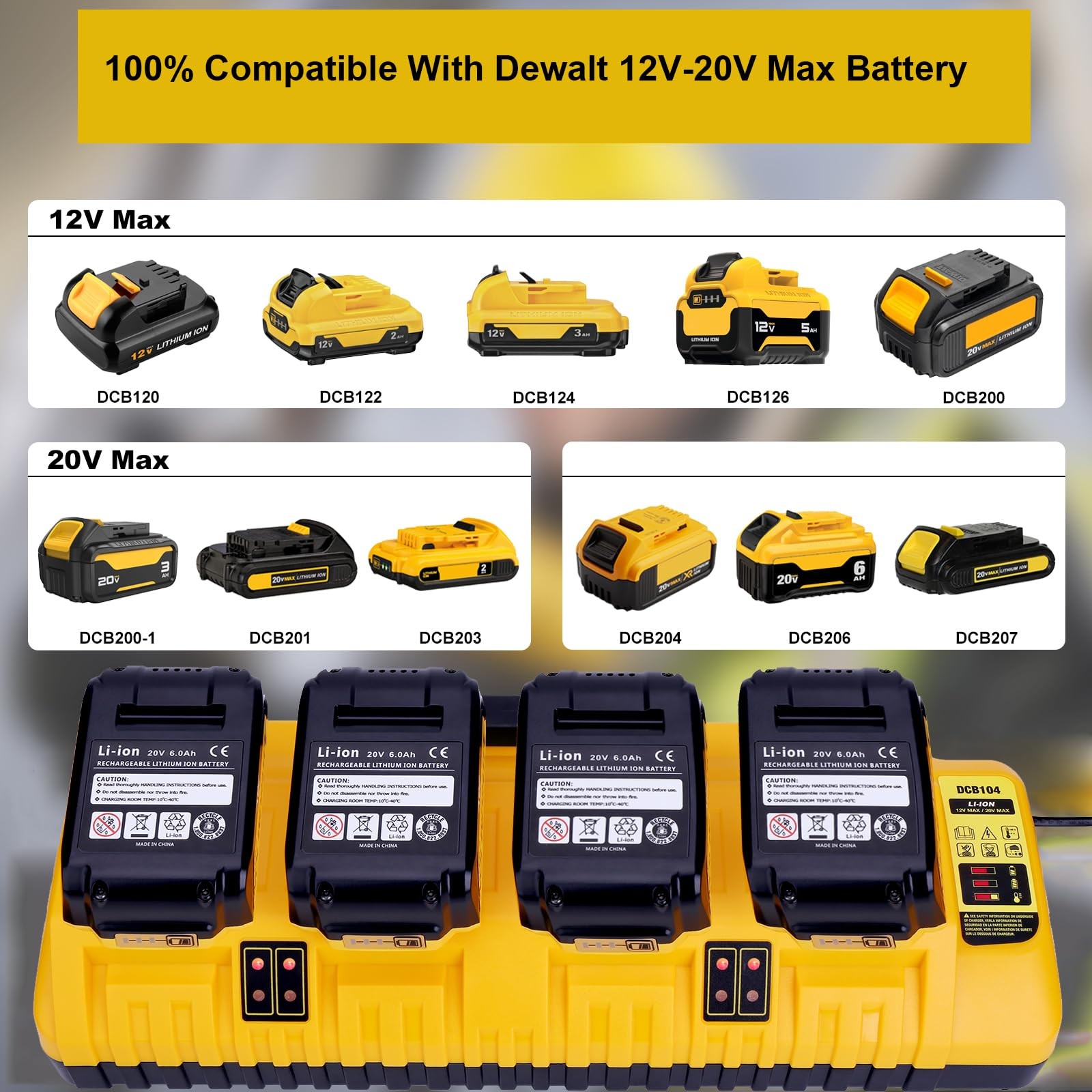 4-Ports Rapid Charger Replacement for Dewalt 12V 20V Max DCB104 Battery Charger