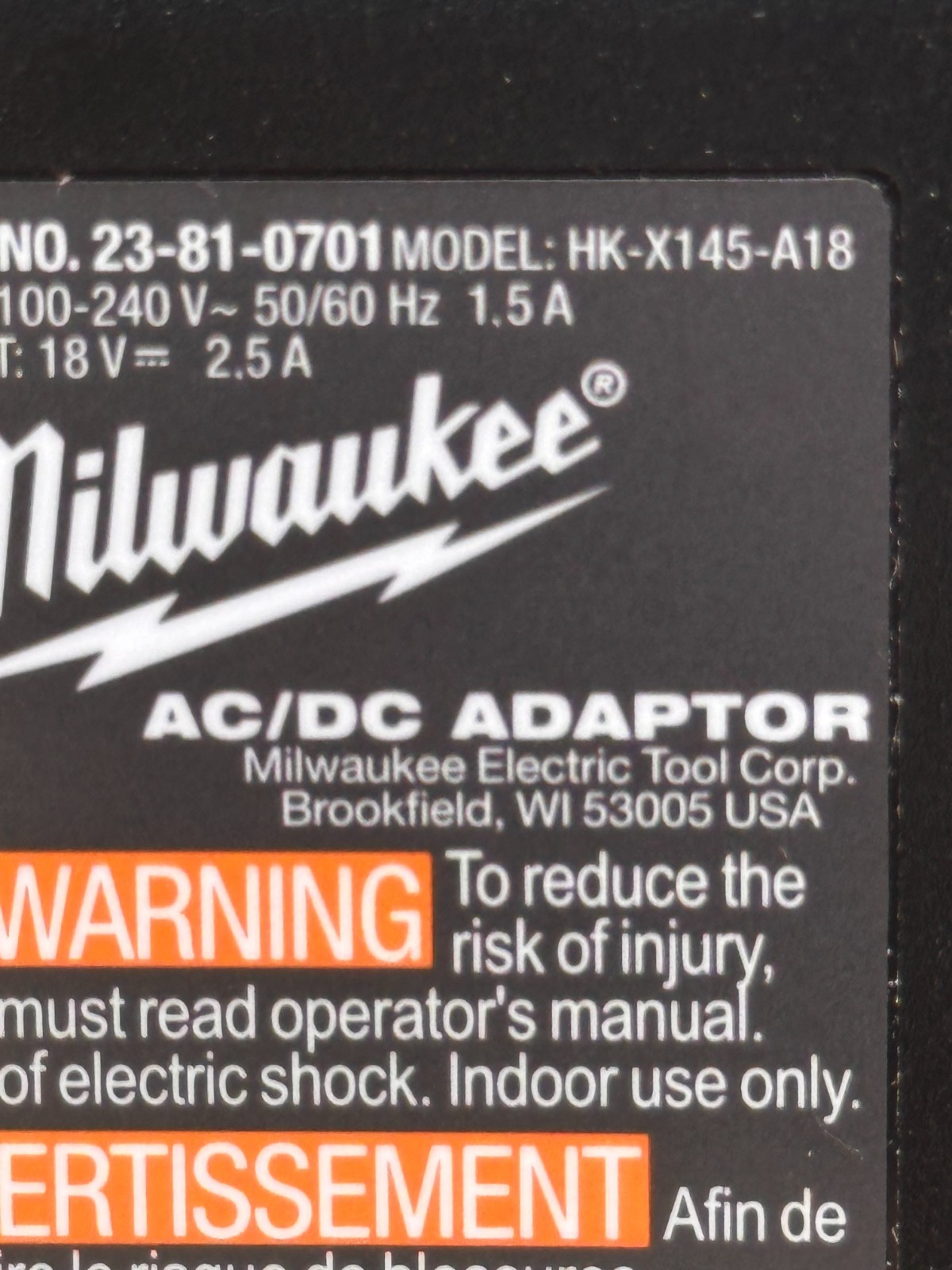 GENUINE MILWAUKEE AC/DC Adapter 18V 2.5A HK-X145-A18 23-81-0701 OEM Plug