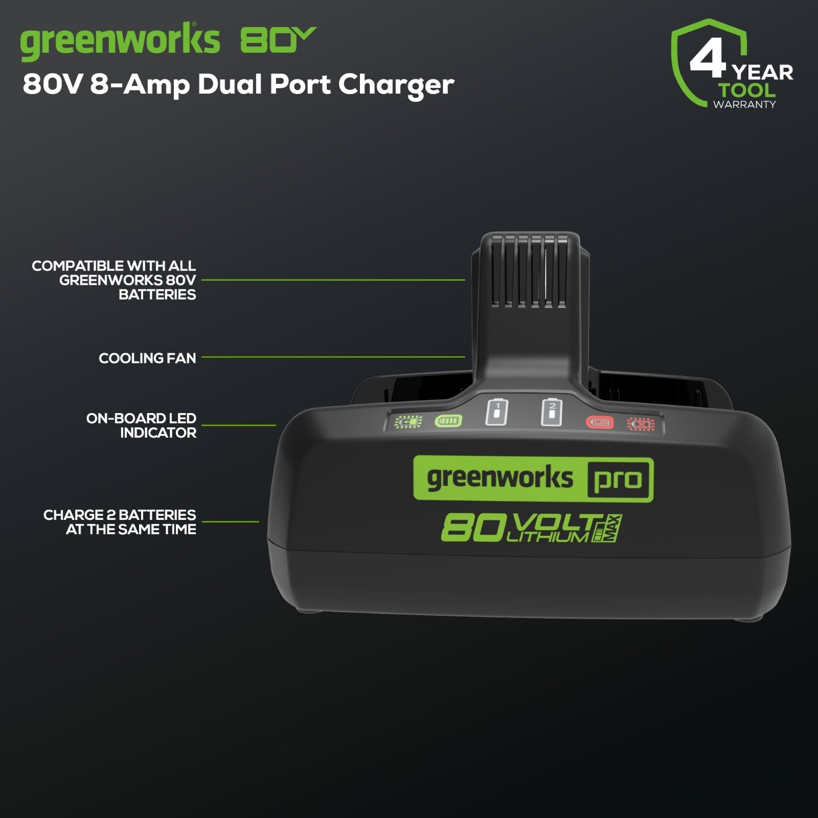 Greenworks 80V Dual Port Rapid Charger CAB812 (Genuine, Direct from Greenworks)