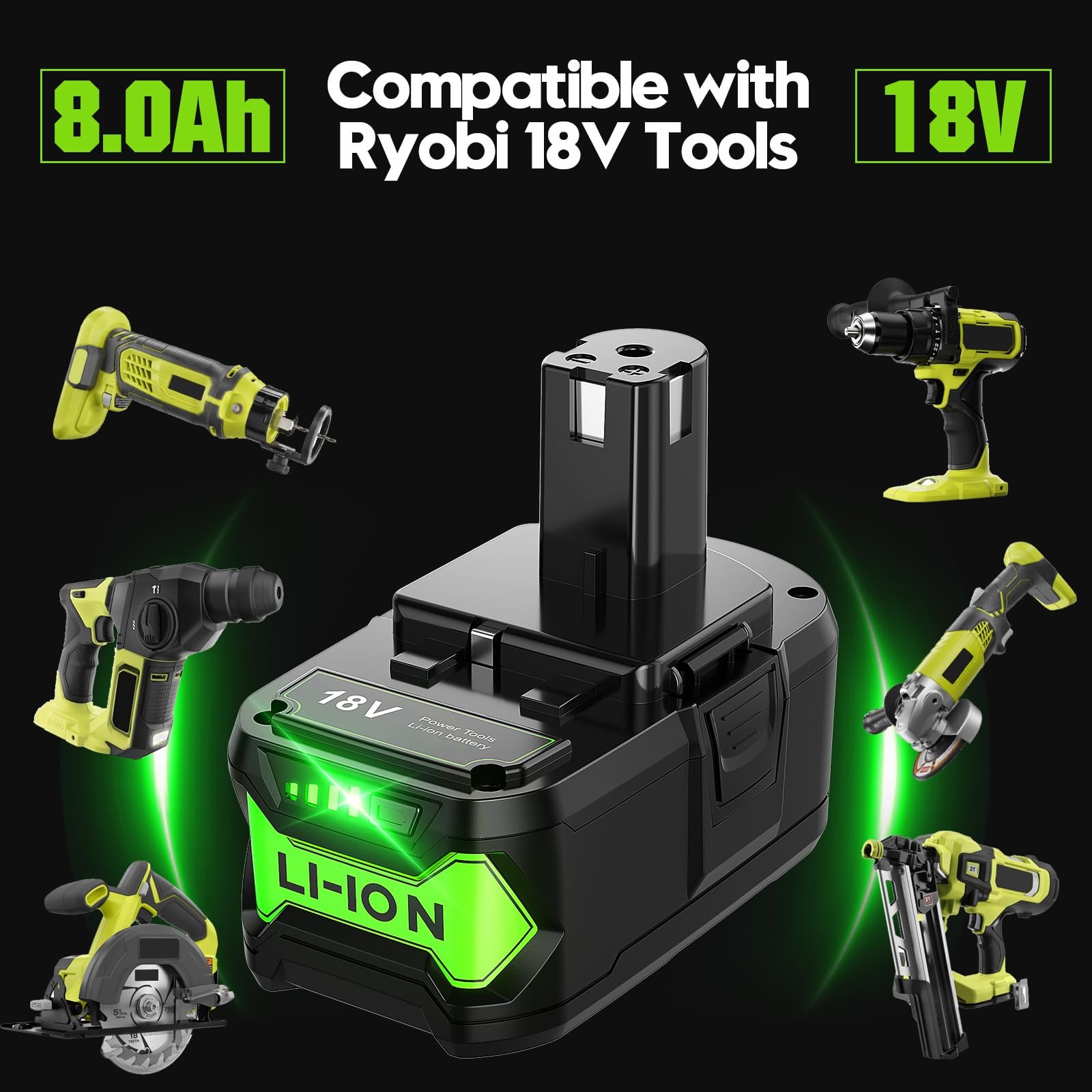 Bonadget NEW 8.0Ah 18V Battery and Charger Combo for Ryobi BLACK+Green