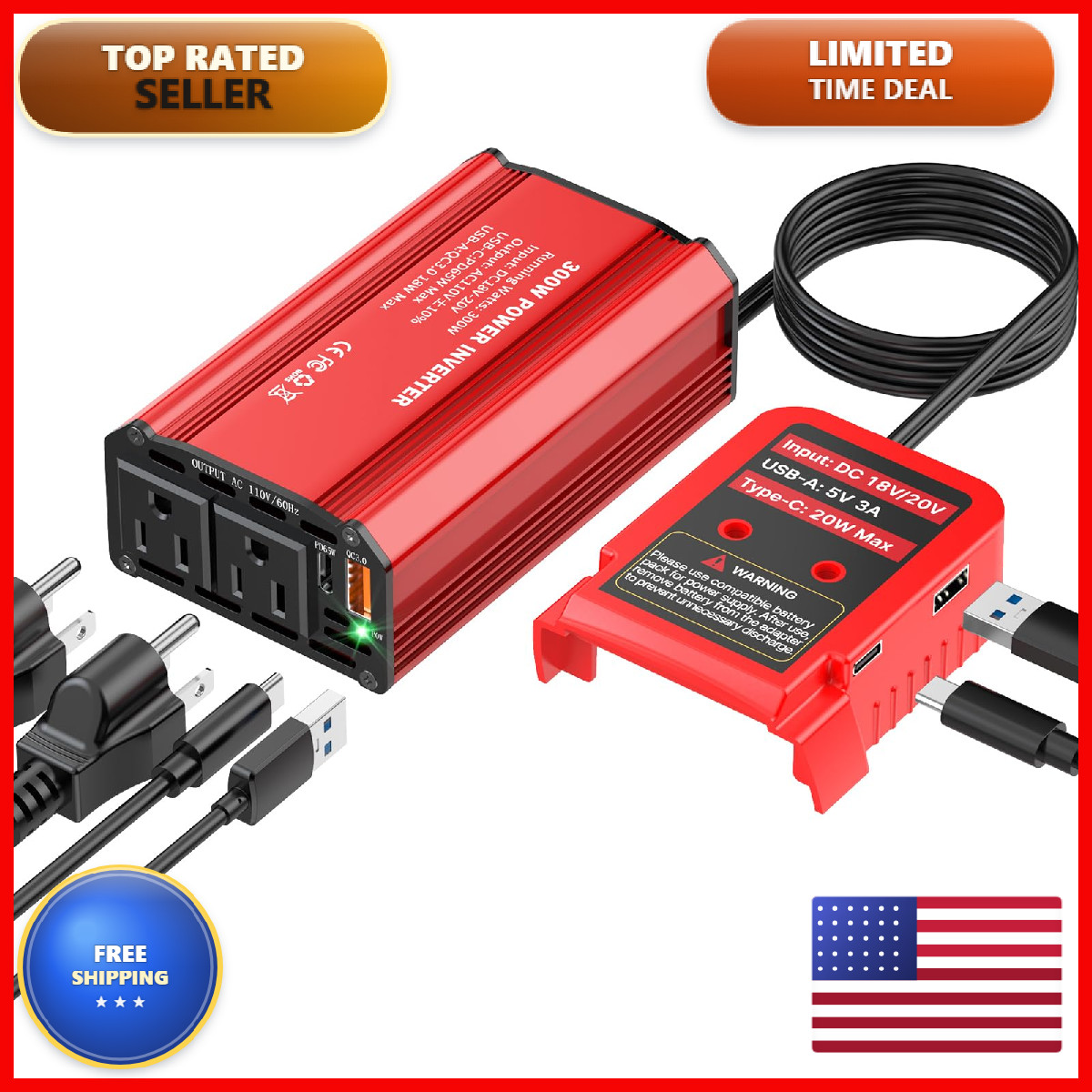 Koezeoi 300W Power Inverter Compatible Milwaukee M18 Battery Dc 18V To Ac 110V