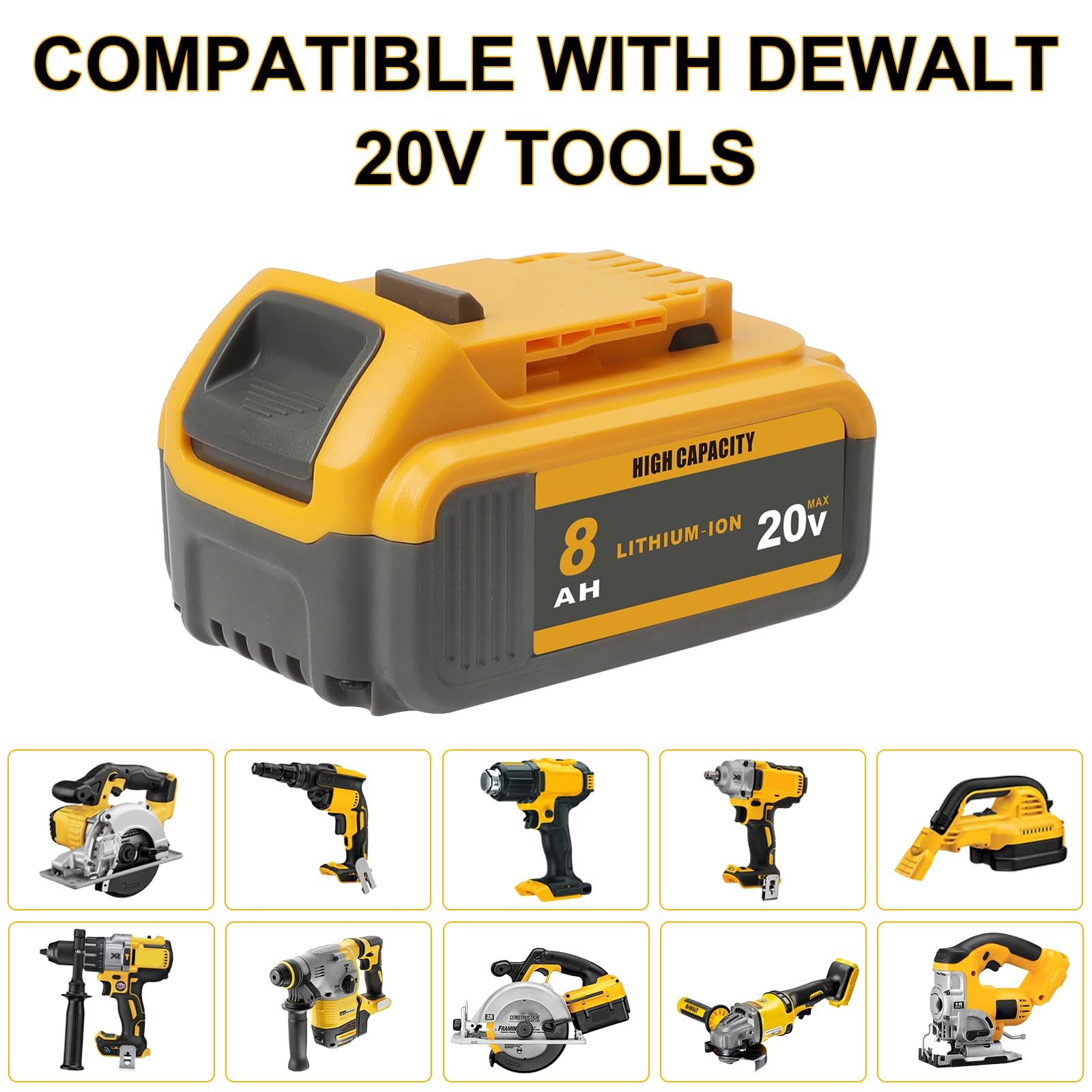 Tenmoer 2-Pack 8.0Ah 20V Battery Compatible Dewalt 20V Max Battery Replace For