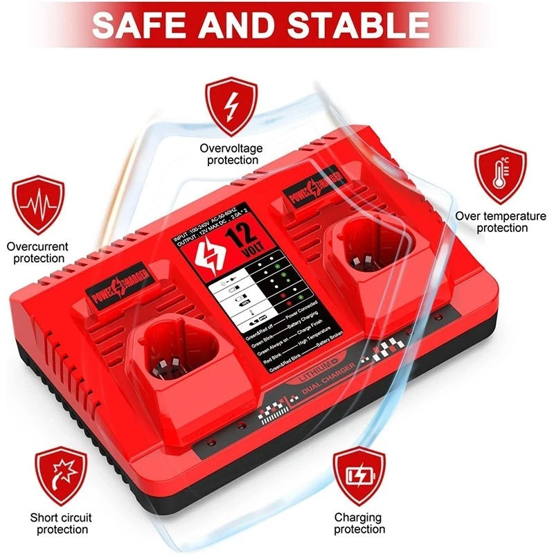 Dual Charger for Milwaukee M12 12V Li-ion 48-11-2401 48-11-2420 Charger