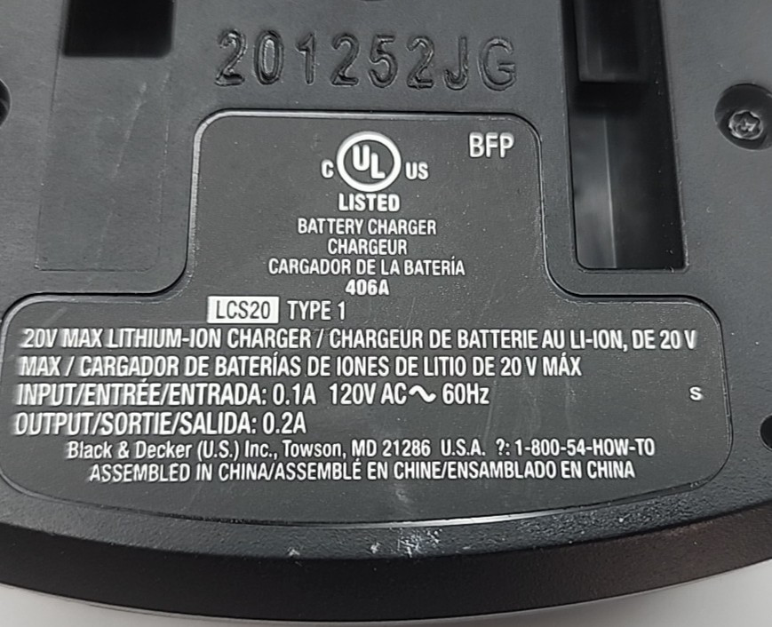 Black & Decker Lithium 20v Battery Charger 406A Type 1 Model LCS20 w/Battery