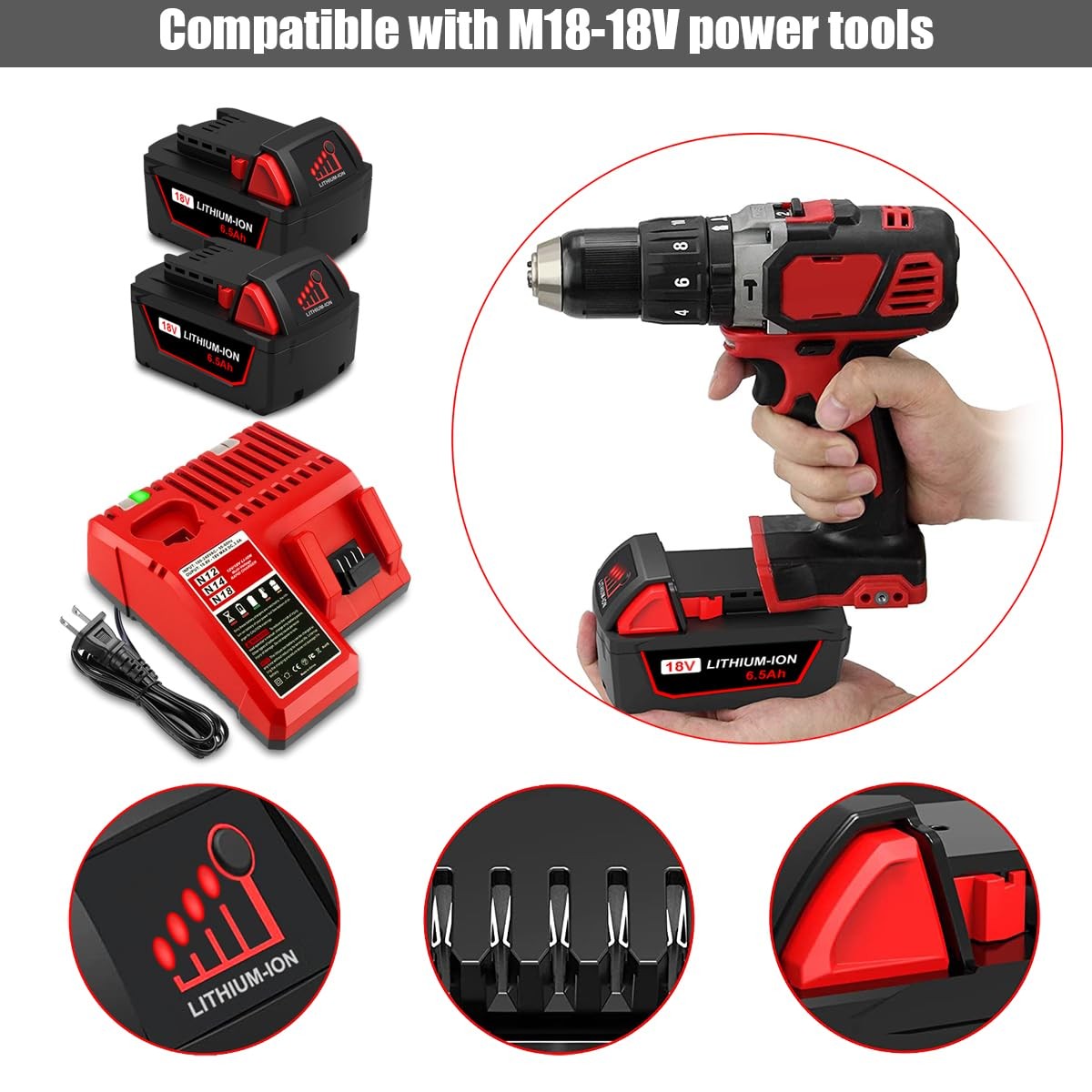 Lizone 2 Pack 6.5Ah 18V 48-11-1850 Battery And Charger Combo Kit Replacement