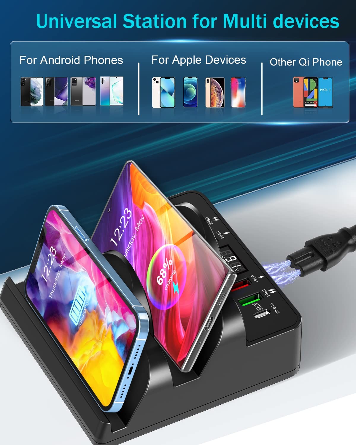 Tpfocus Wireless Charging Station 6 Usb Ports 8 In 1 15W Dual Wireless Charger