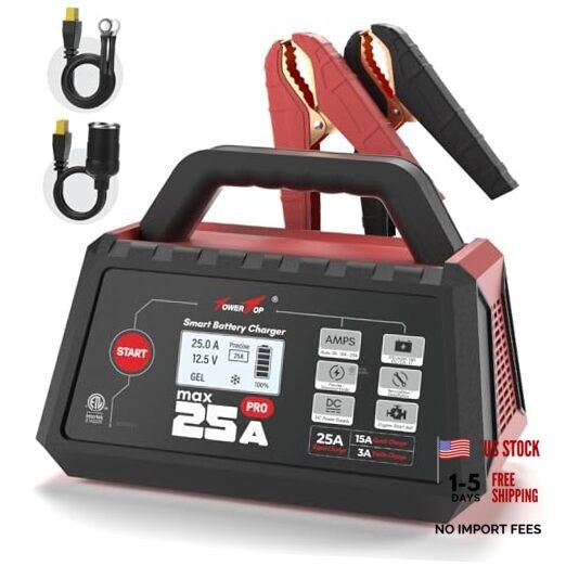 Battery Charger: 12V Fully Automatic Smart Trickle Charger, 25A Max Pro