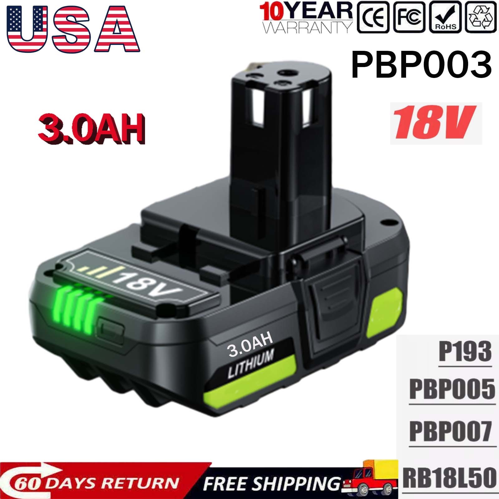 2-1X For RYOBI P108 18V PBP003 4.0Ah Battery Lithium ONE Plus PBP002 P191 8.0Ah