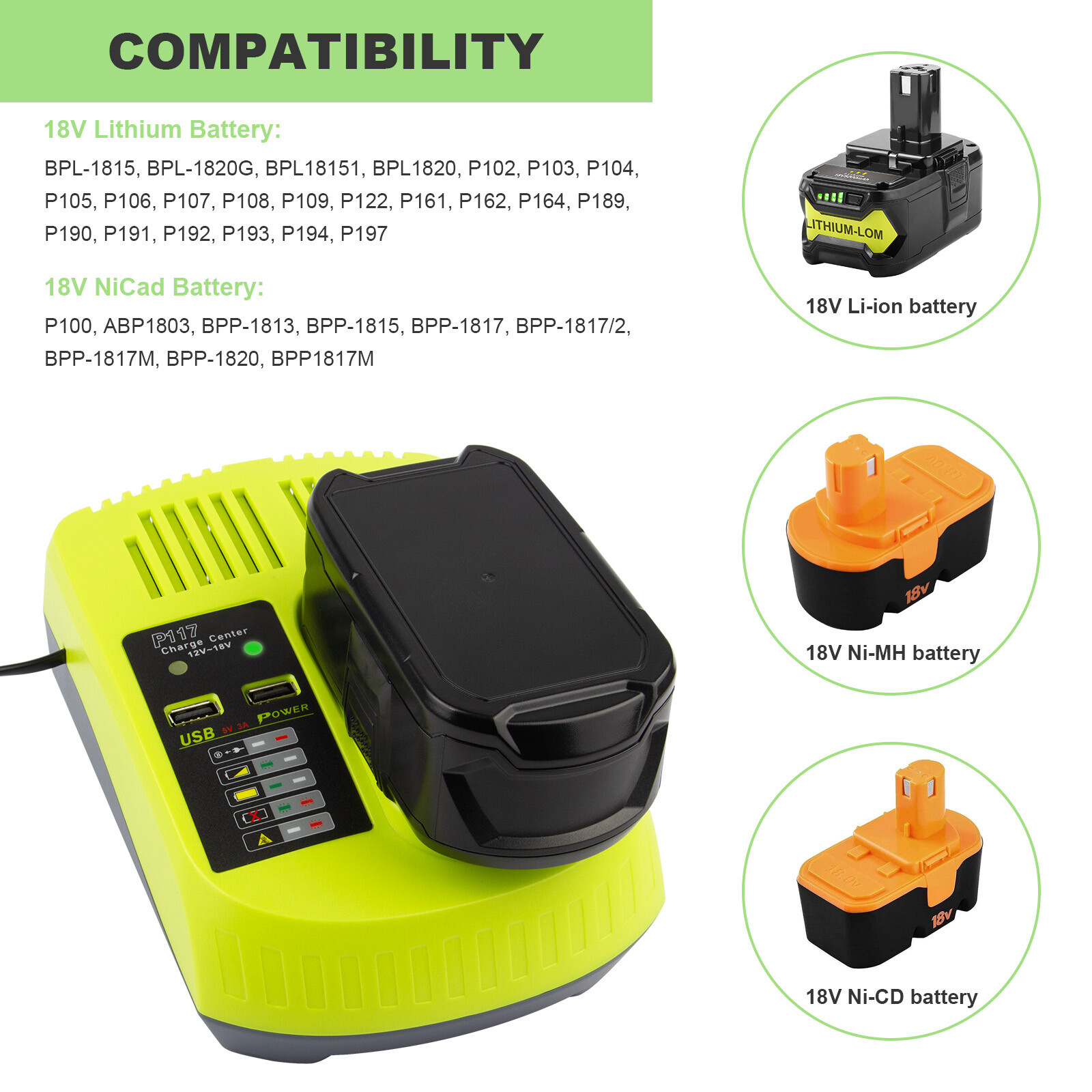 P117 Charger For RYOBI P108 18V For One+ Plus High Capacity Lithium-Ion Battery✅