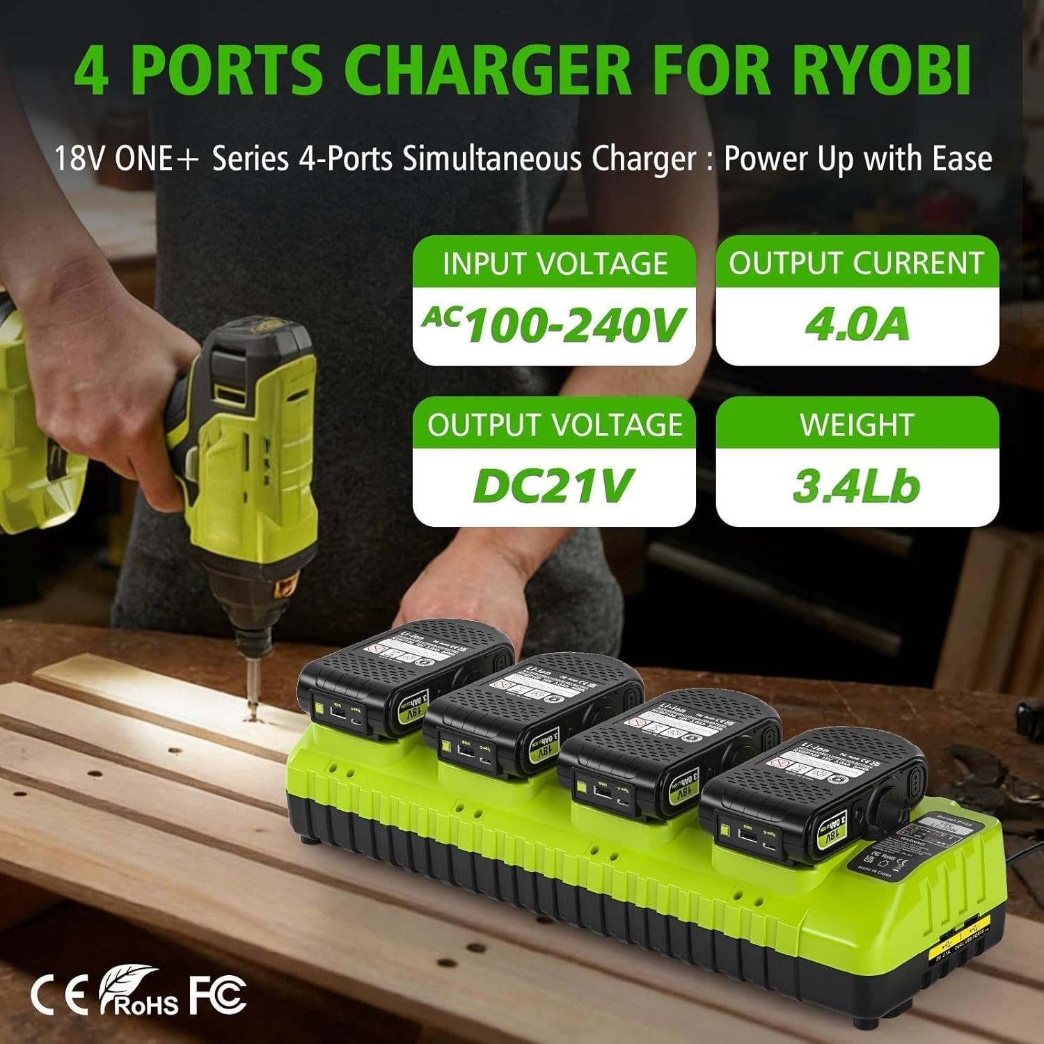 Replace Ryobi 18V Battery Charger,4-Port Fast Multi-Battery Charging Station