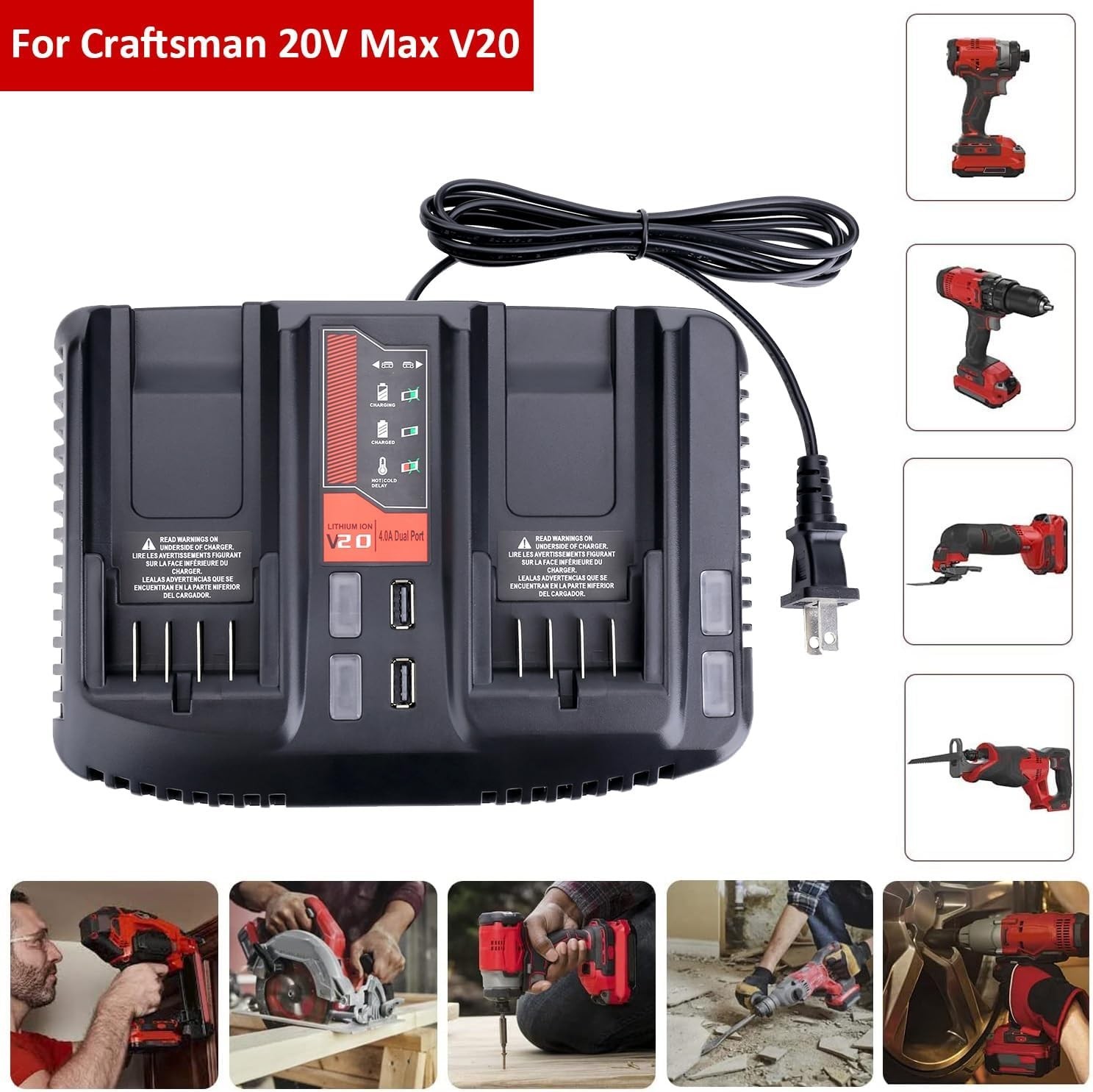 CMCB124 Dual Port V20 Battery Fast Charger Replacement for Craftsman 20V MAX …