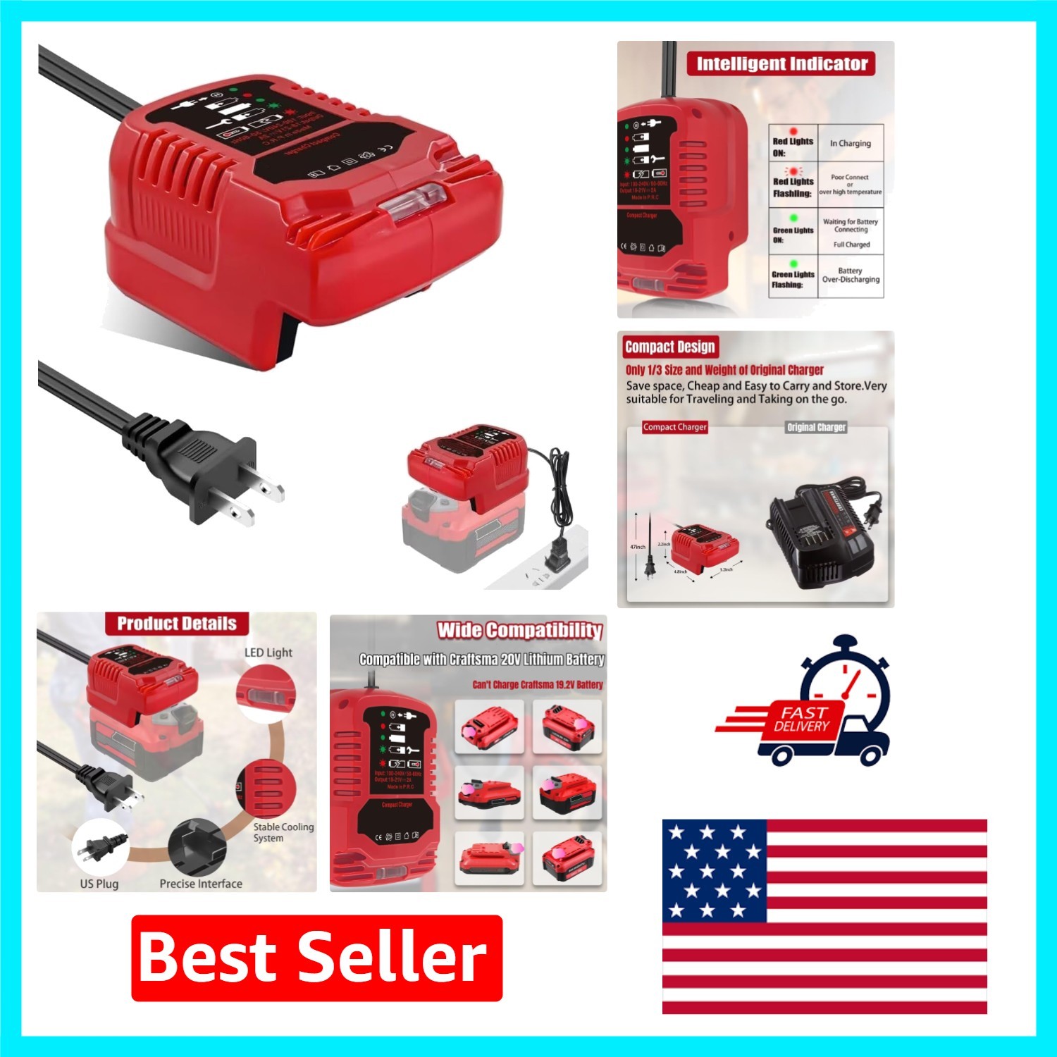 Lightweight Mini Battery Charger – 110V Input for 18V Craftsman V20 Tools